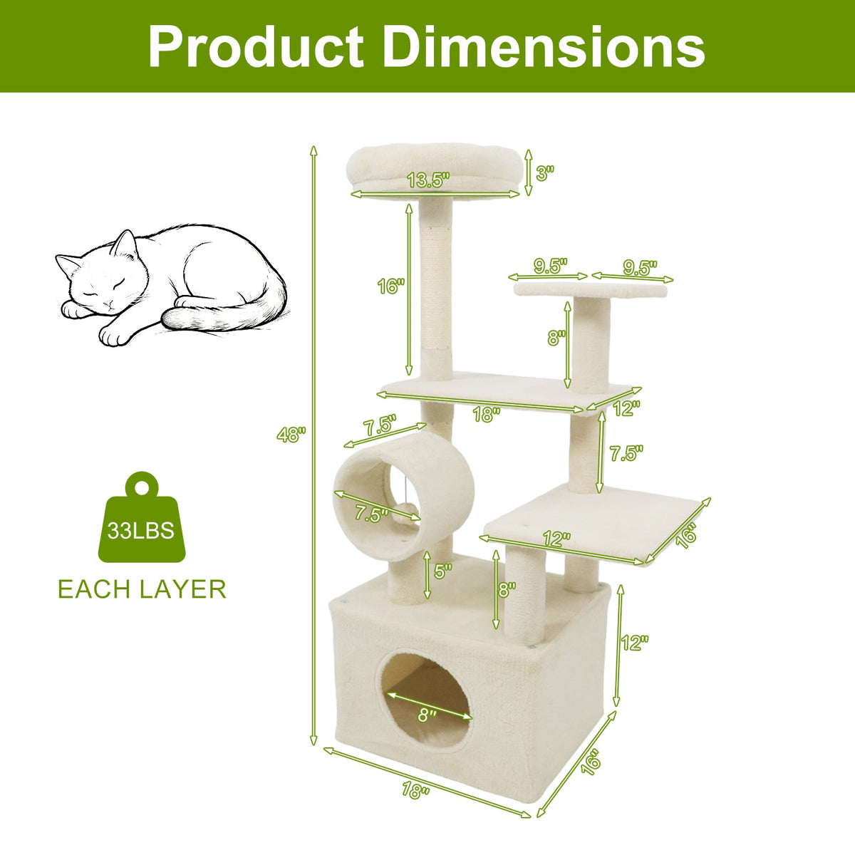 48 Inches Tall Cat Tree Multi-Level Kitten Tower with Large Condo Padded Top Perch-Beige-Cat Trees & Scratchers-DECOROLALA