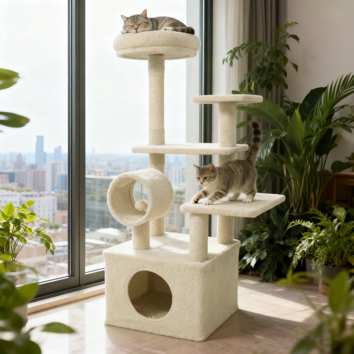 48 Inches Tall Cat Tree Multi-Level Kitten Tower with Large Condo Padded Top Perch-Beige-Cat Trees & Scratchers-DECOROLALA