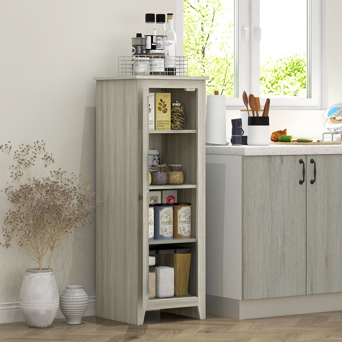48" Kitchen Pantry Cabinet - Grey Wood Grain Barn Door-Home Furnishings > Storage & Organization > Kitchen Pantry Cabinets-DECOROLALA