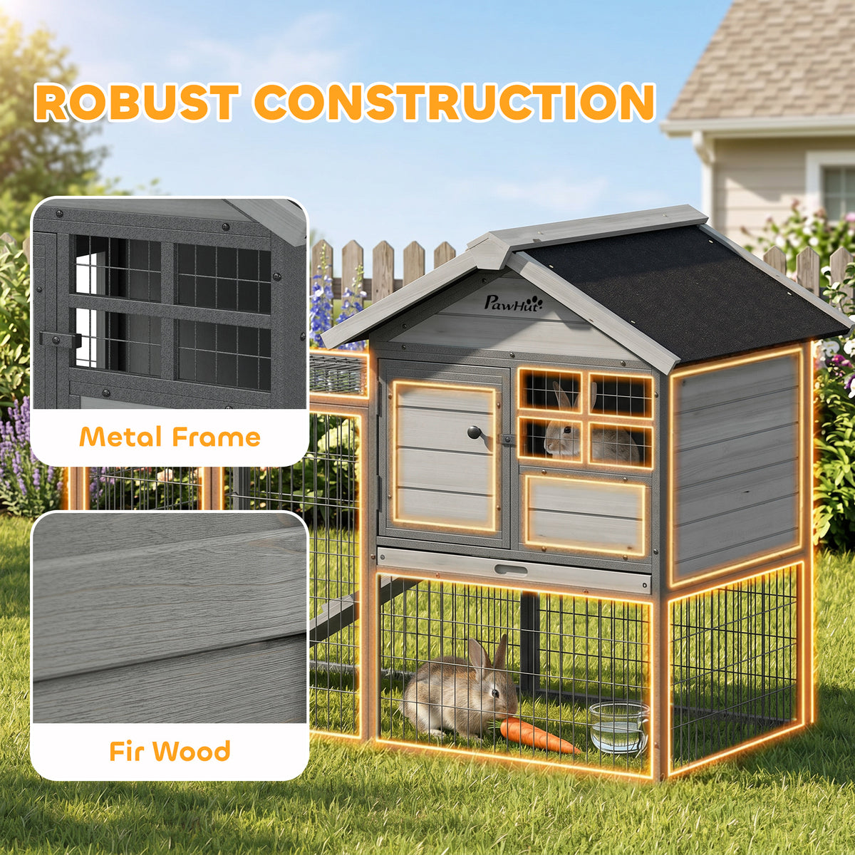 48" Large Wooden Outdoor Rabbit Hutch with Run - Grey-Small Animals-DECOROLALA