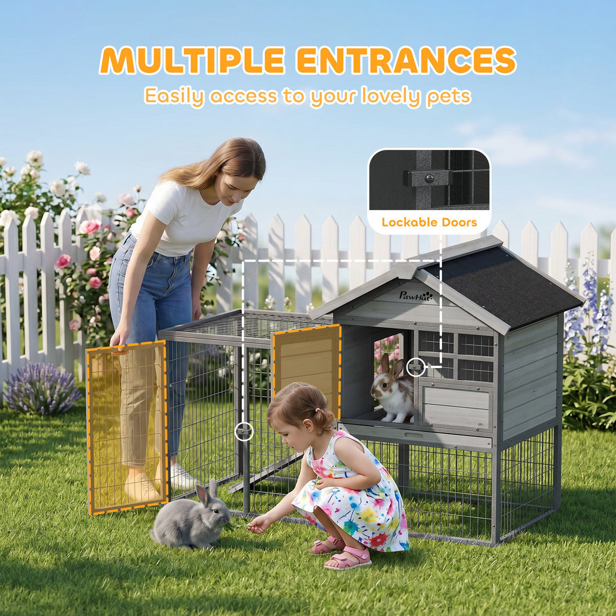 48" Large Wooden Outdoor Rabbit Hutch with Run - Grey-Small Animals-DECOROLALA
