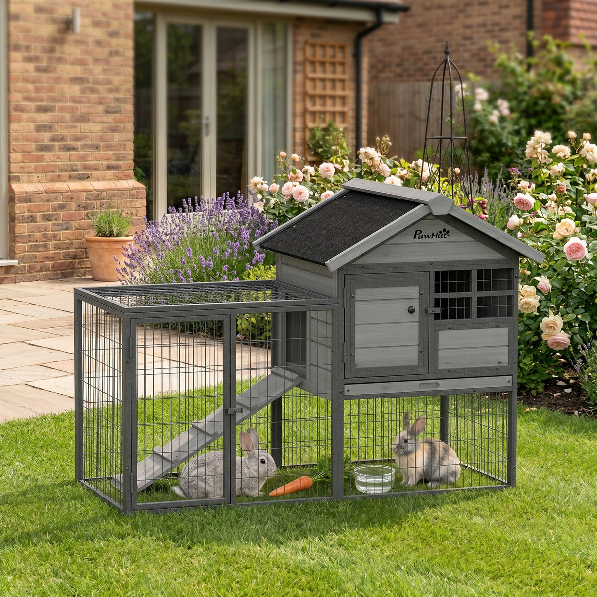 48" Large Wooden Outdoor Rabbit Hutch with Run - Grey-Small Animals-DECOROLALA