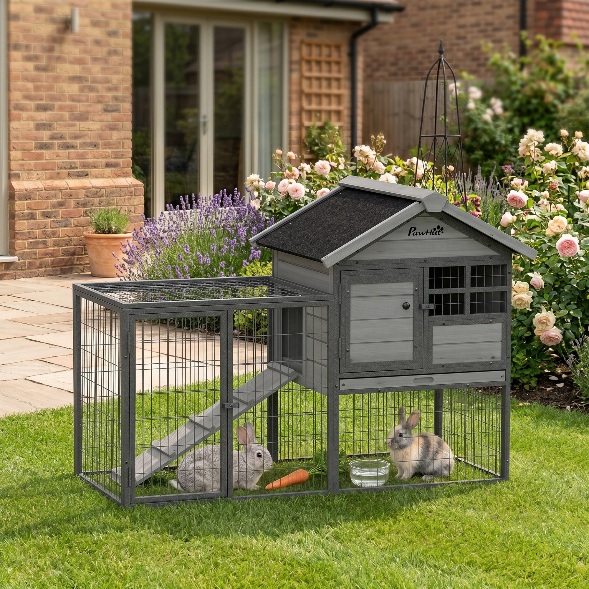 48" Large Wooden Outdoor Rabbit Hutch with Run - Grey-Small Animals-DECOROLALA