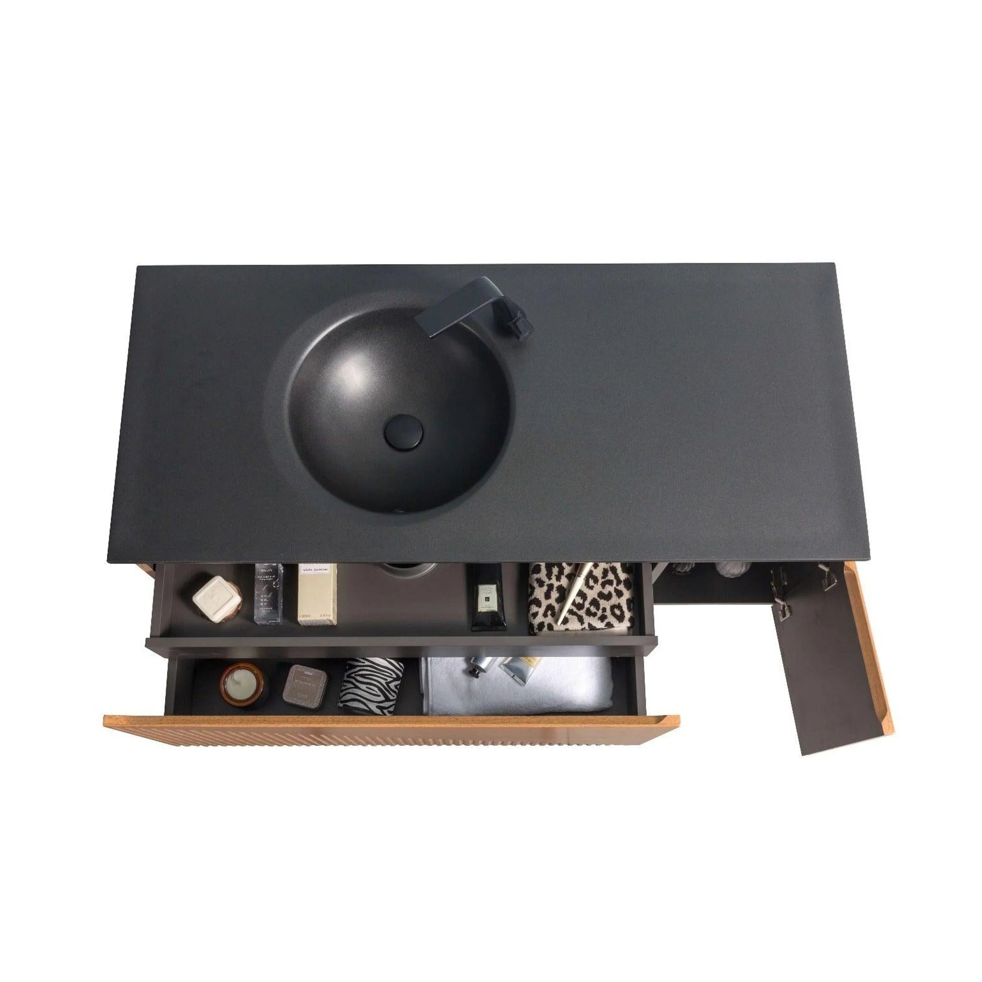 48" Light Oak Wall Mount Bathroom with Black Engineered Quartz Countertop-Migration_Bathroom Vanities-DECOROLALA