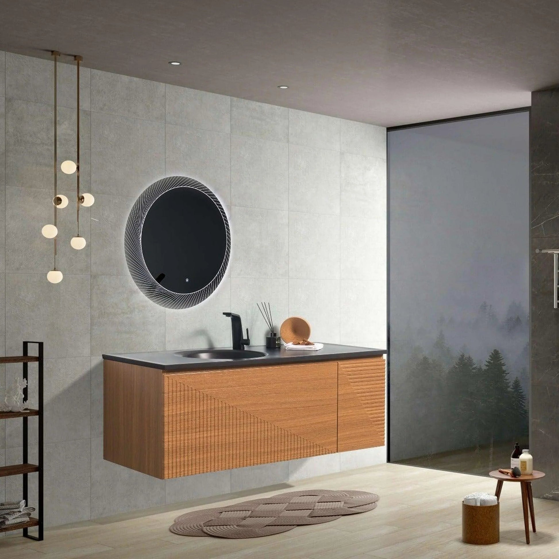 48" Light Oak Wall Mount Bathroom with Black Engineered Quartz Countertop-Migration_Bathroom Vanities-DECOROLALA