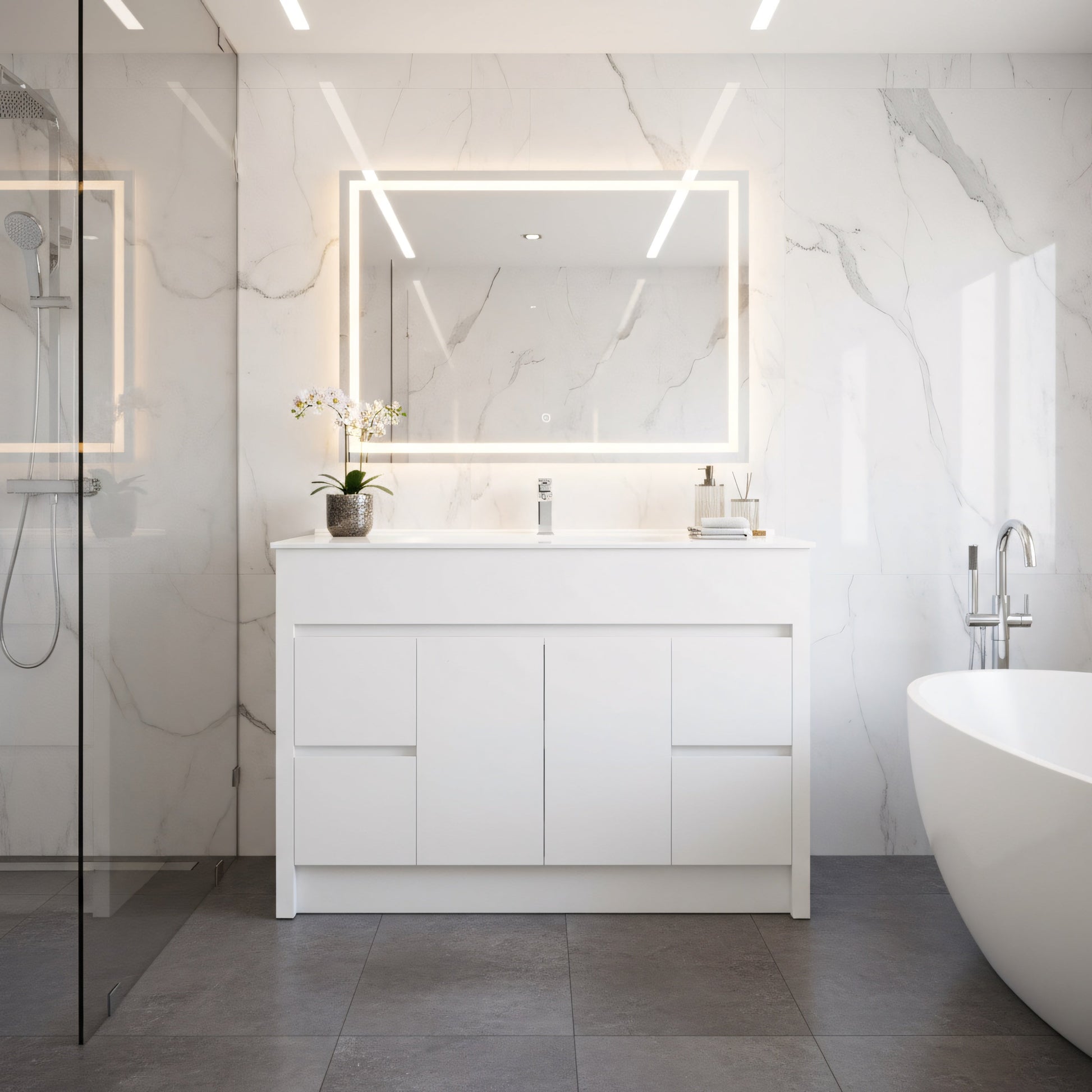 48" Matte White Freestanding Bathroom Vanity with White Ceramic Countertop-Migration_Bathroom Vanities-DECOROLALA