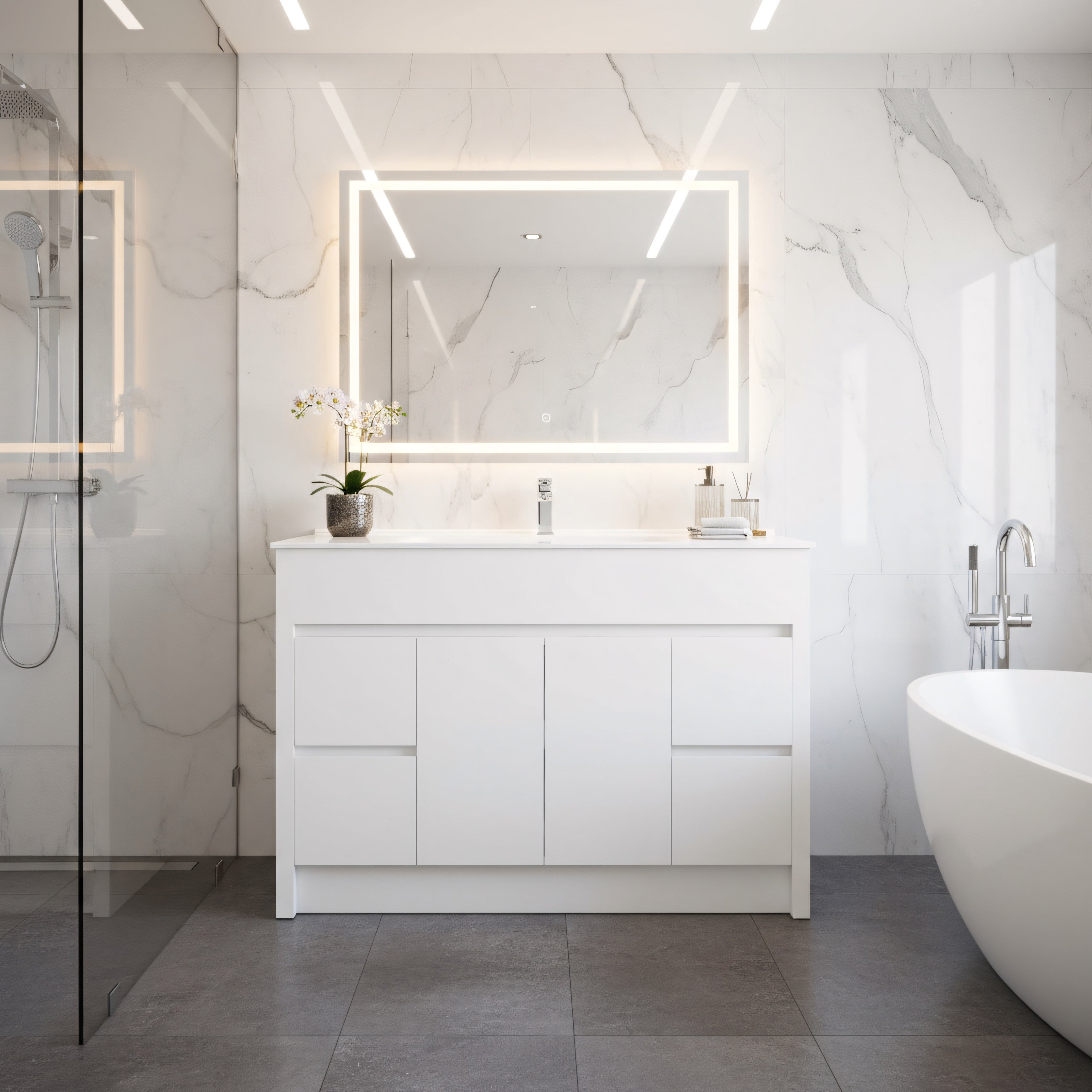 48" Matte White Freestanding Bathroom Vanity with White Ceramic Countertop-Migration_Bathroom Vanities-DECOROLALA