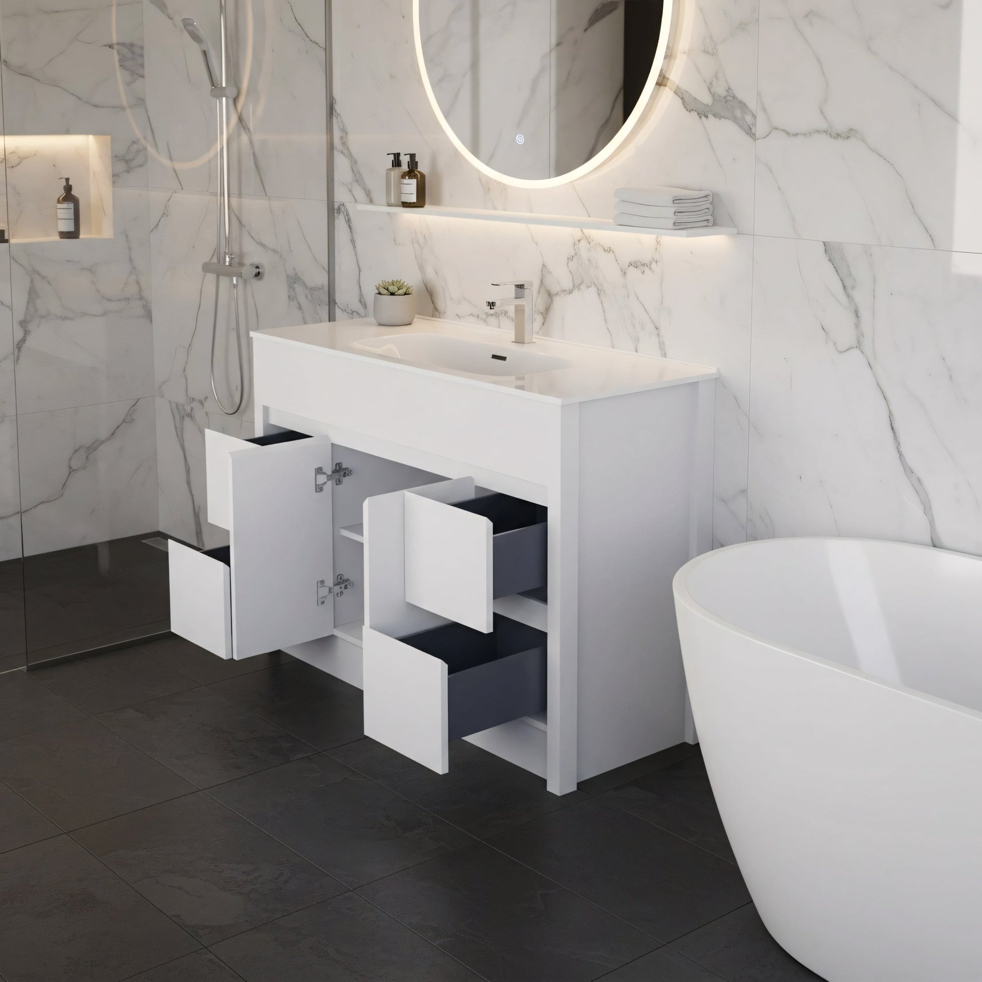 48" Matte White Freestanding Bathroom Vanity with White Ceramic Countertop-Migration_Bathroom Vanities-DECOROLALA