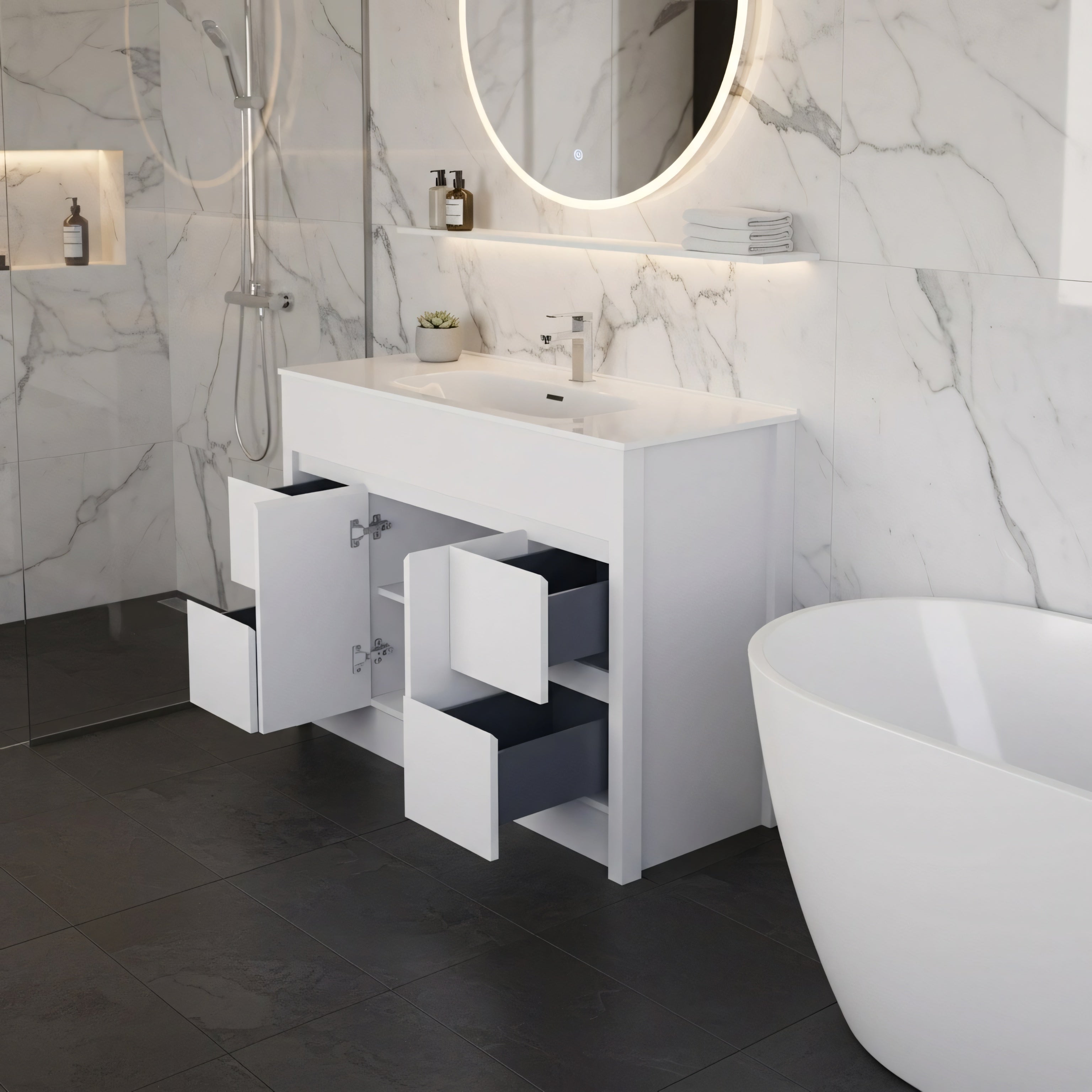 48" Matte White Freestanding Bathroom Vanity with White Ceramic Countertop-Migration_Bathroom Vanities-DECOROLALA