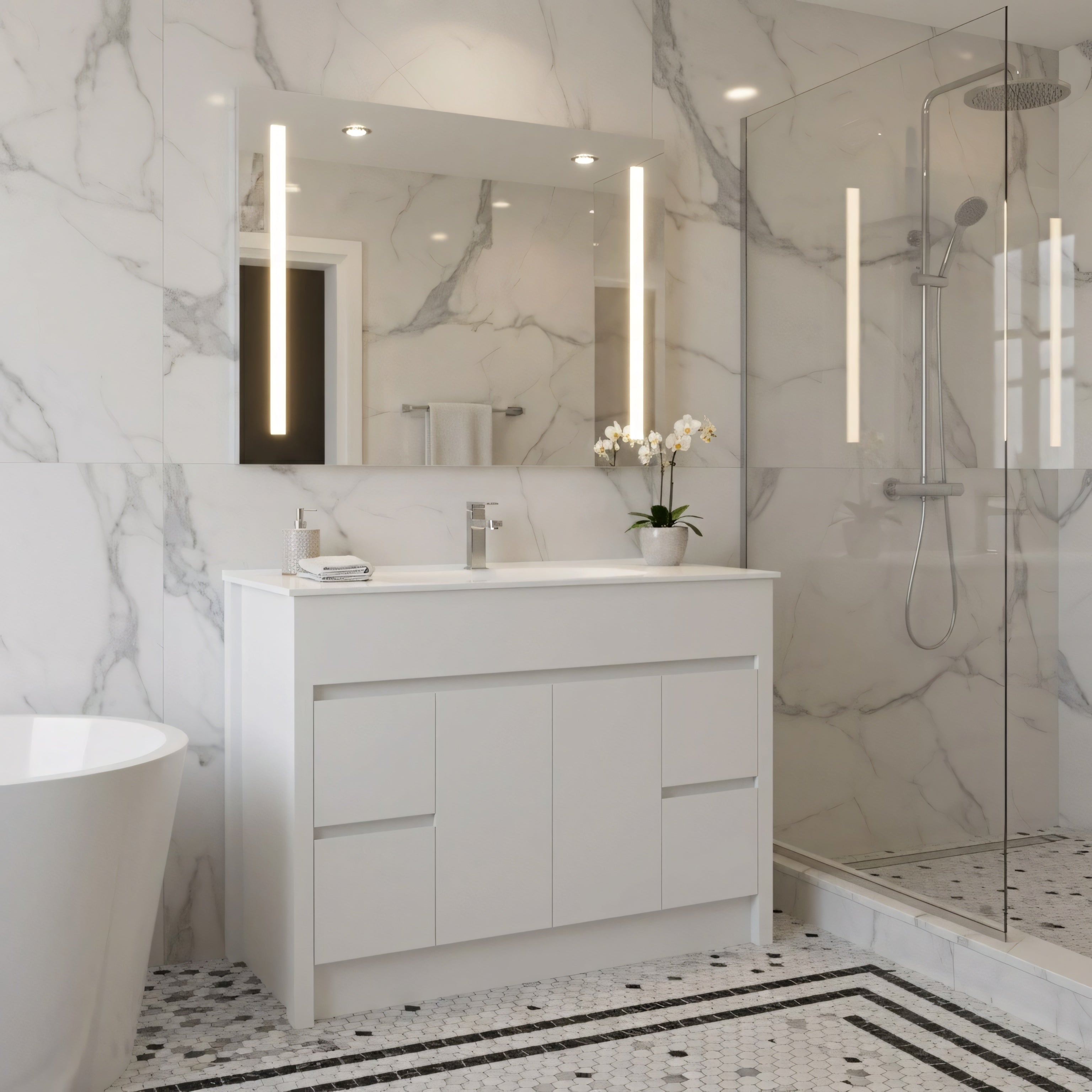 48" Matte White Freestanding Bathroom Vanity with White Ceramic Countertop-Migration_Bathroom Vanities-DECOROLALA