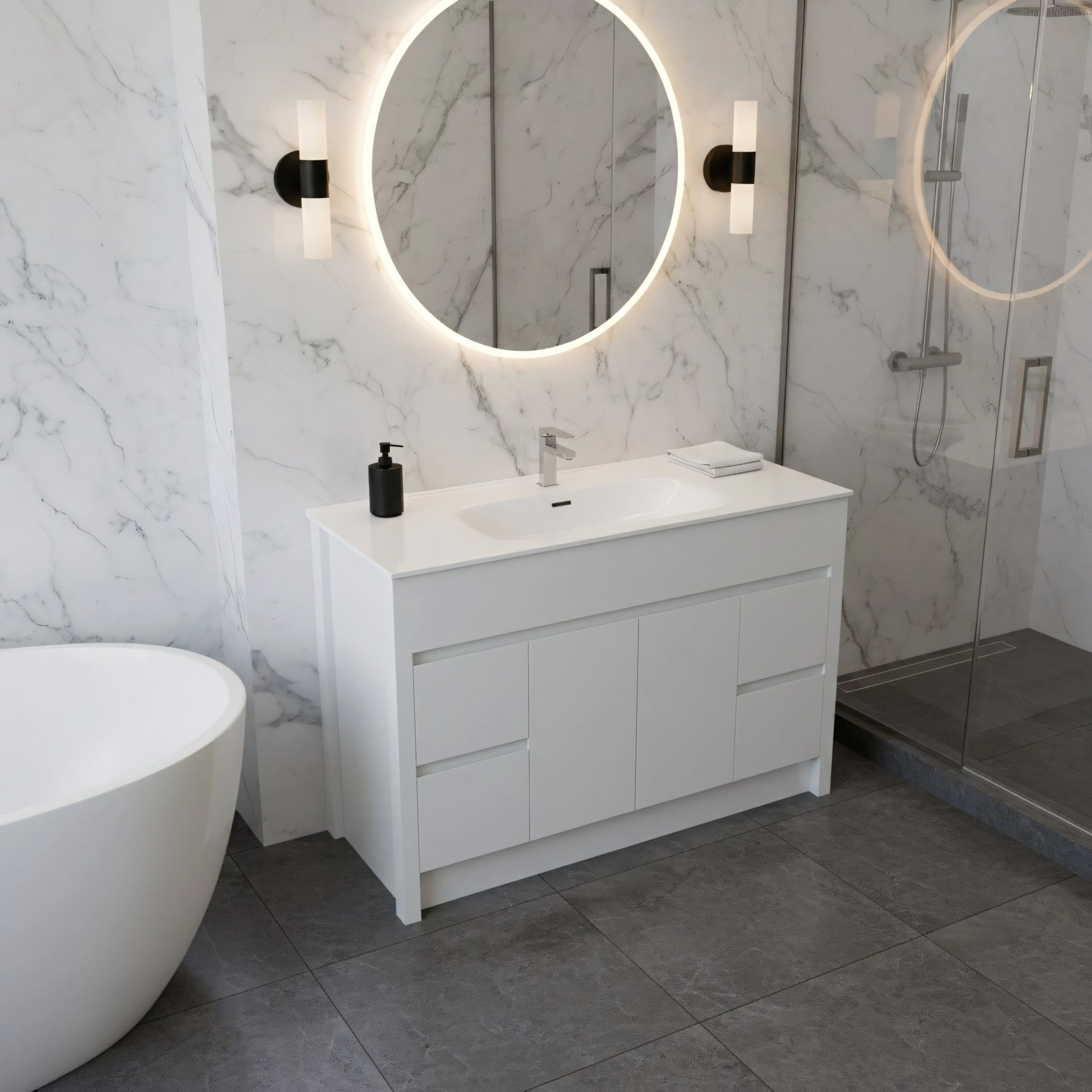 48" Matte White Freestanding Bathroom Vanity with White Ceramic Countertop-Migration_Bathroom Vanities-DECOROLALA