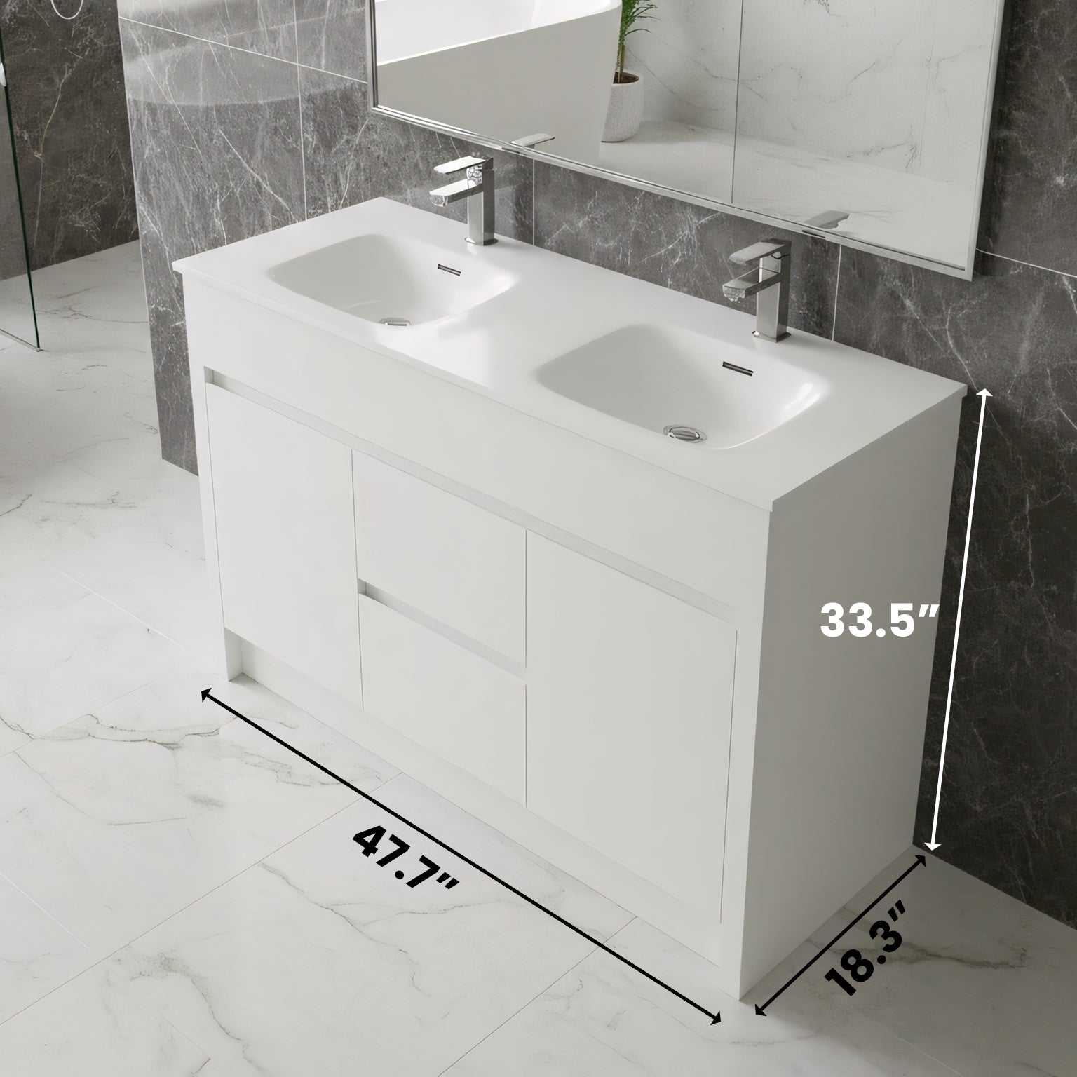 48" Matte White Freestanding Double Sink Bathroom Vanity with White Ceramic Countertop-Migration_Bathroom Vanities-DECOROLALA