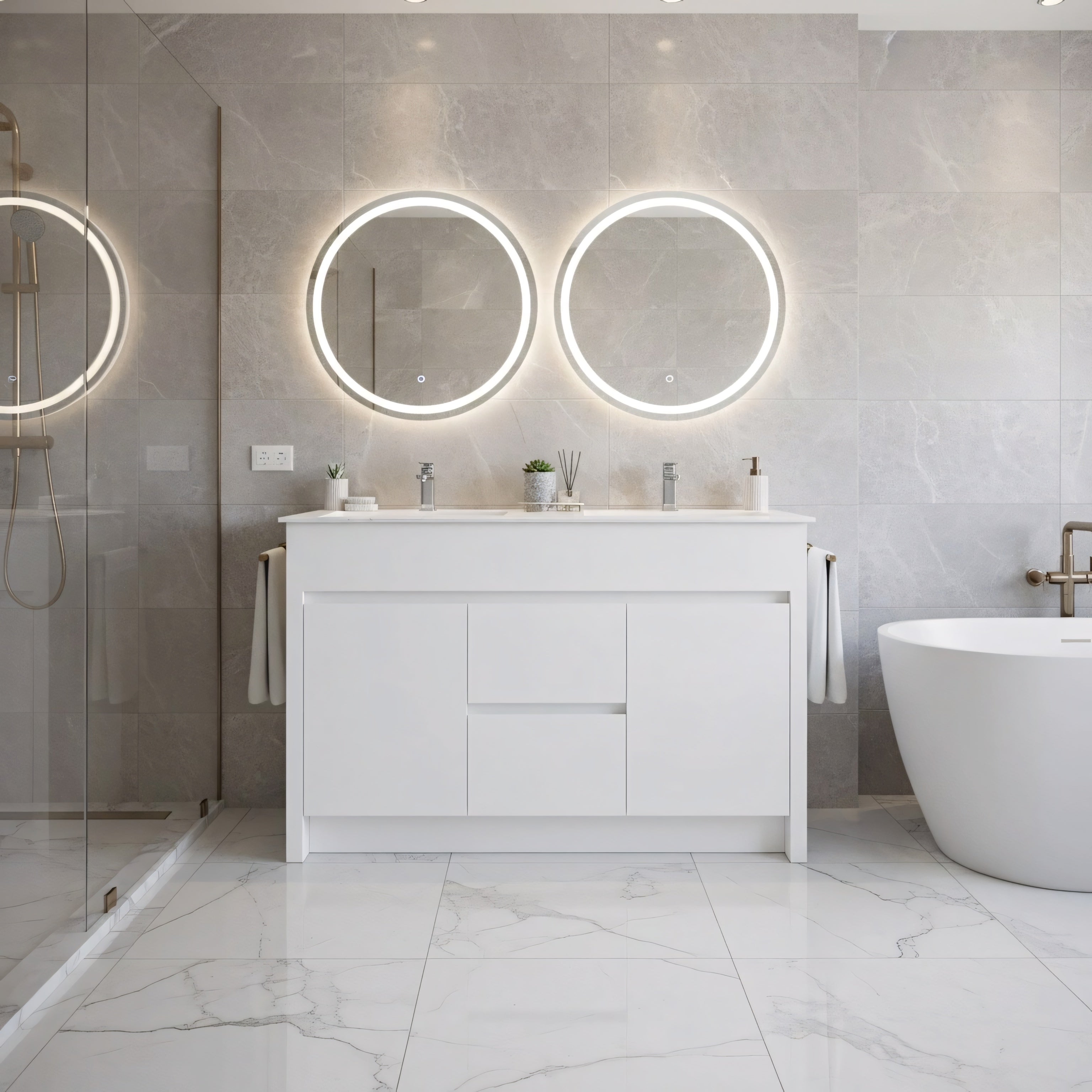 48" Matte White Freestanding Double Sink Bathroom Vanity with White Ceramic Countertop-Migration_Bathroom Vanities-DECOROLALA