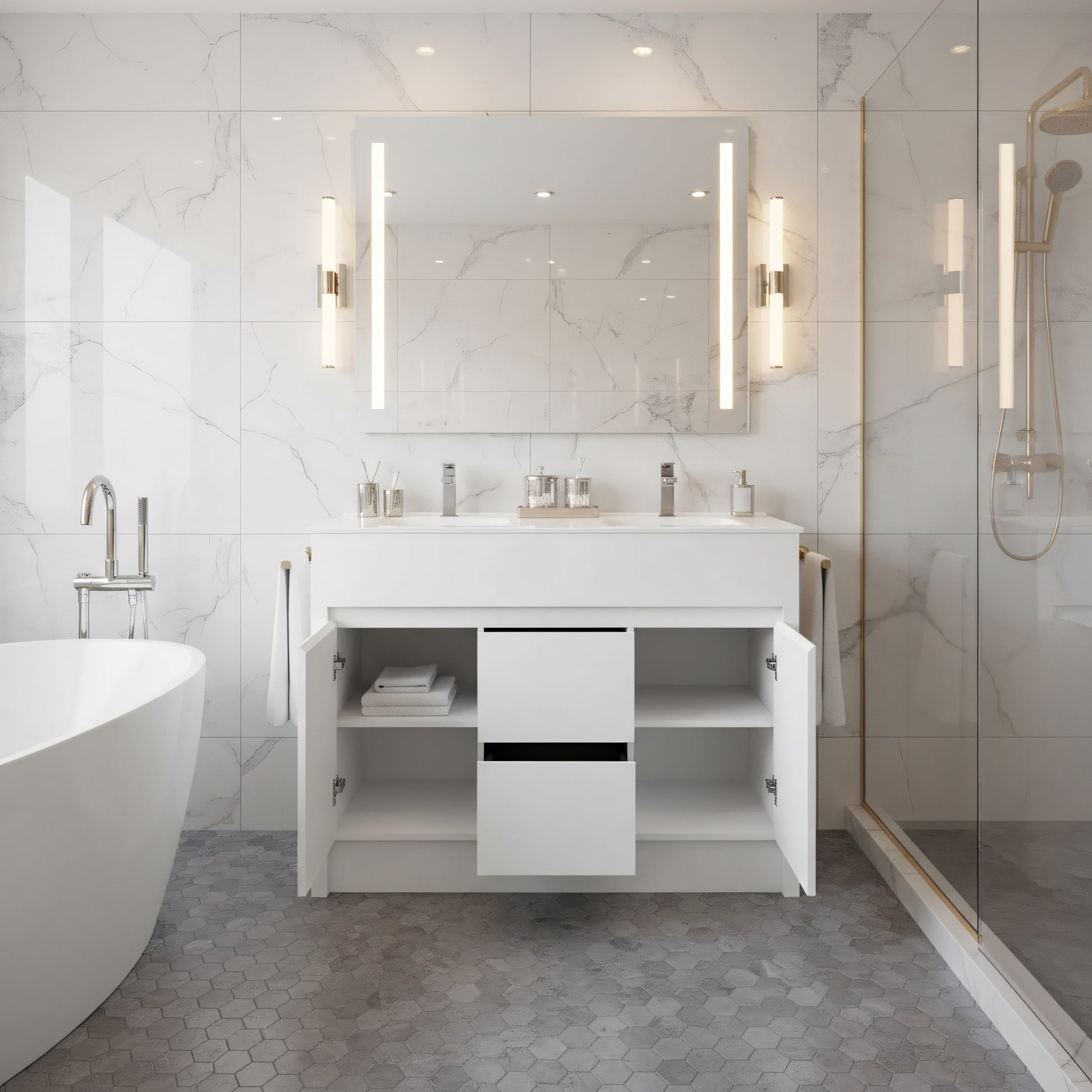 48" Matte White Freestanding Double Sink Bathroom Vanity with White Ceramic Countertop-Migration_Bathroom Vanities-DECOROLALA