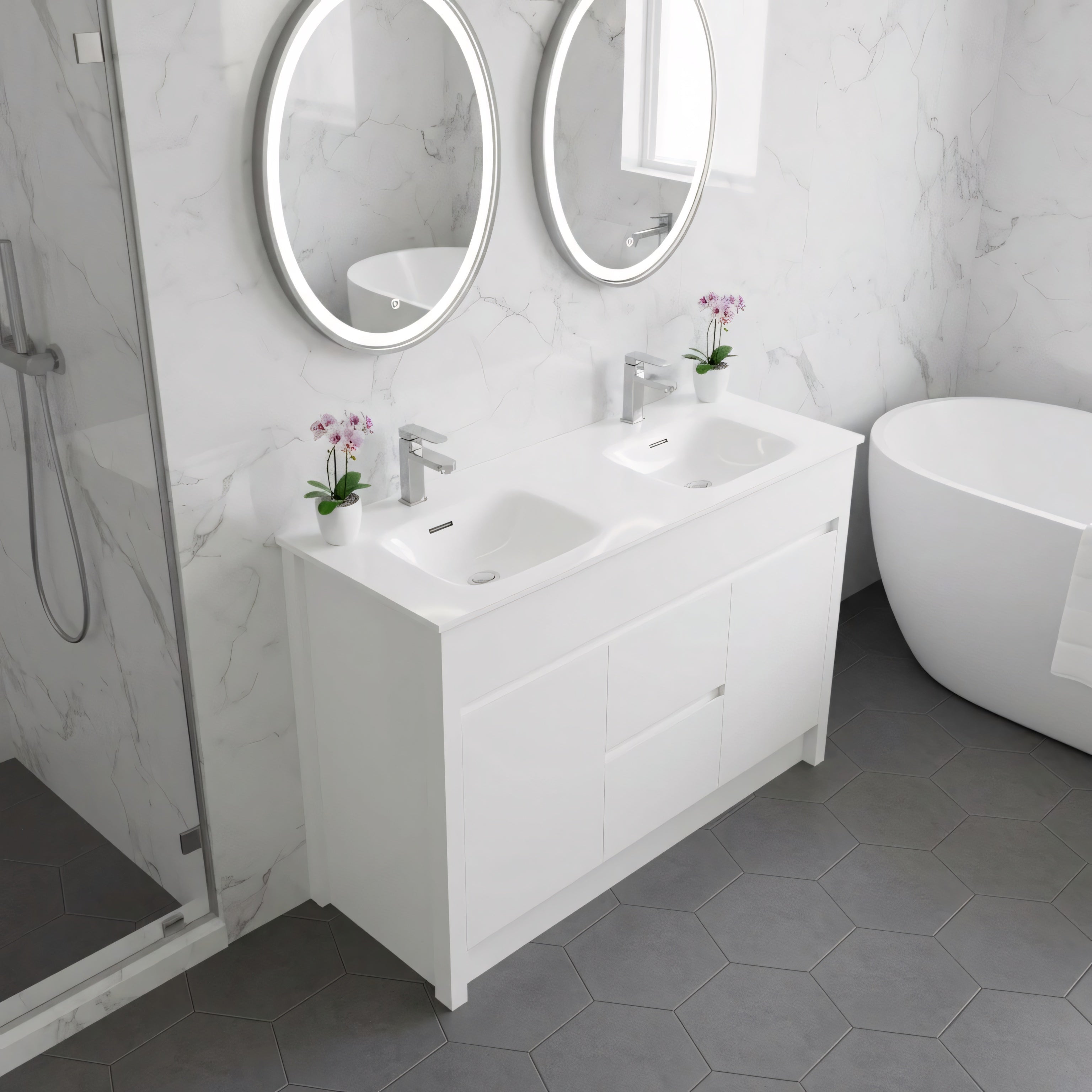 48" Matte White Freestanding Double Sink Bathroom Vanity with White Ceramic Countertop-Migration_Bathroom Vanities-DECOROLALA