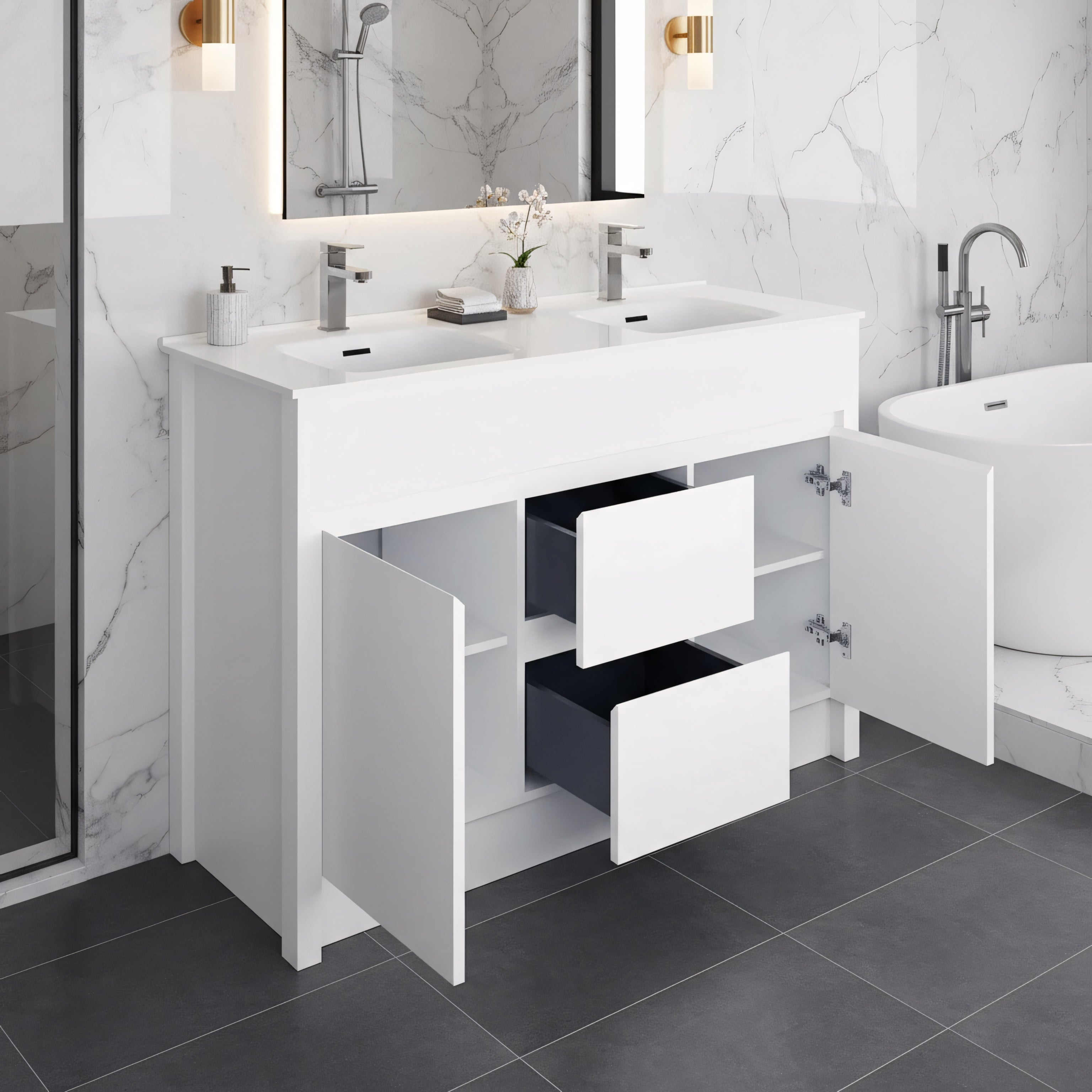 48" Matte White Freestanding Double Sink Bathroom Vanity with White Ceramic Countertop-Migration_Bathroom Vanities-DECOROLALA
