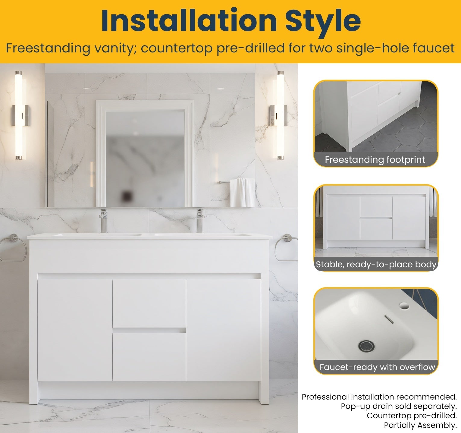 48" Matte White Freestanding Double Sink Bathroom Vanity with White Ceramic Countertop-Migration_Bathroom Vanities-DECOROLALA