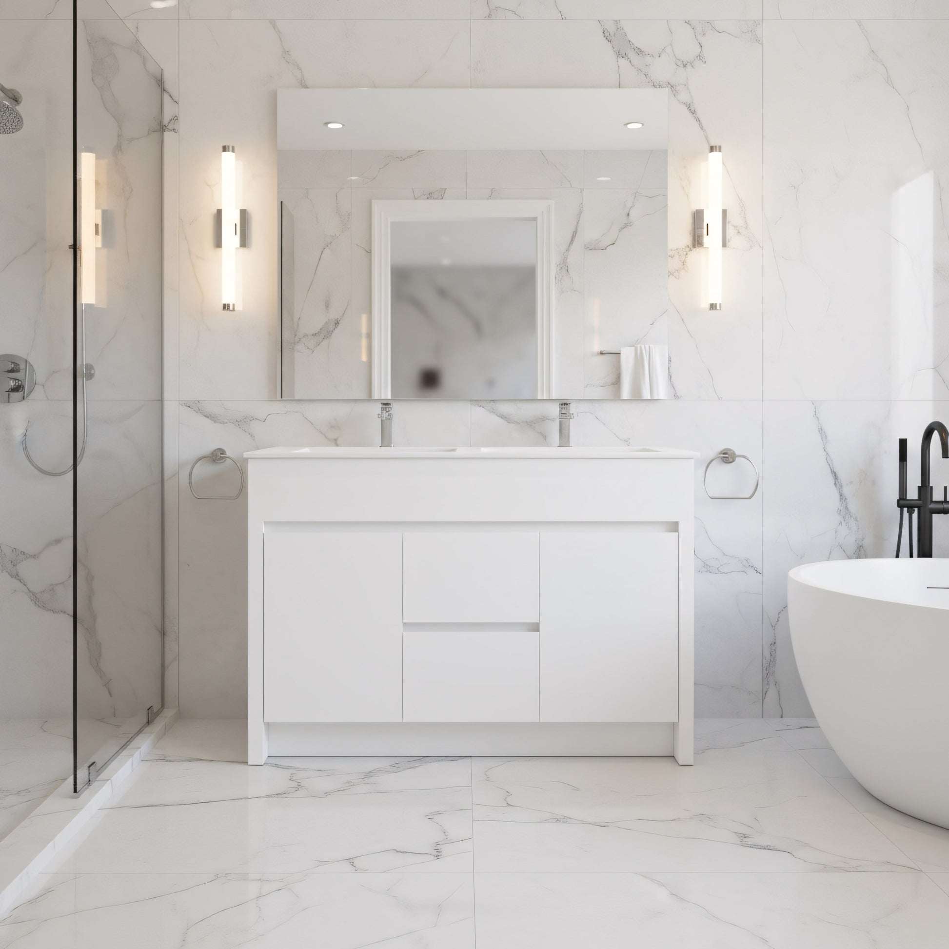 48" Matte White Freestanding Double Sink Bathroom Vanity with White Ceramic Countertop-Migration_Bathroom Vanities-DECOROLALA