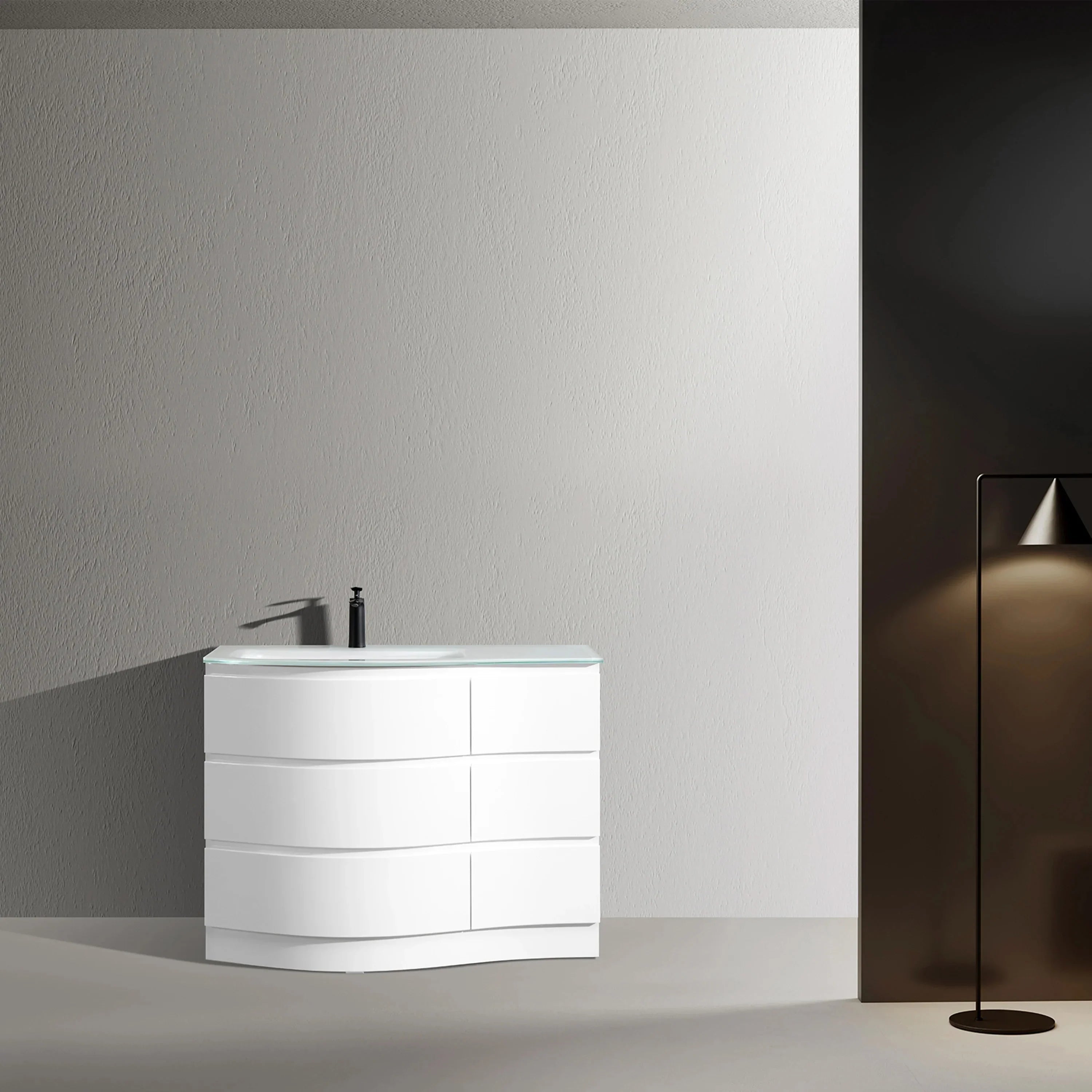 48" Matte White Freestanding Single Sink Bathroom Vanity with White Glass Countertop-Migration_Bathroom Vanities-DECOROLALA