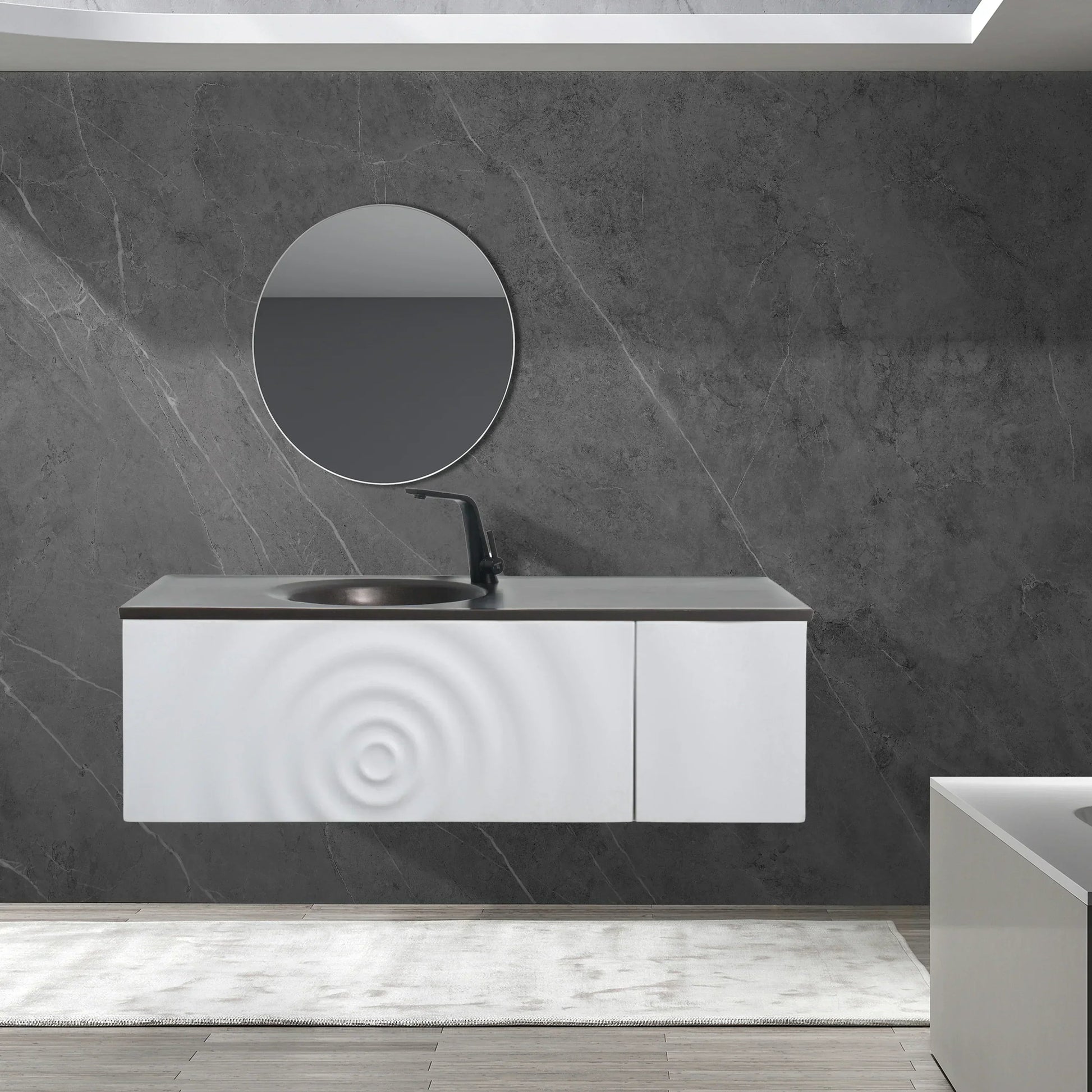 48" Matte White Wall Mount Bathroom Vanity with Black Engineered Quartz Countertop-Migration_Bathroom Vanities-DECOROLALA