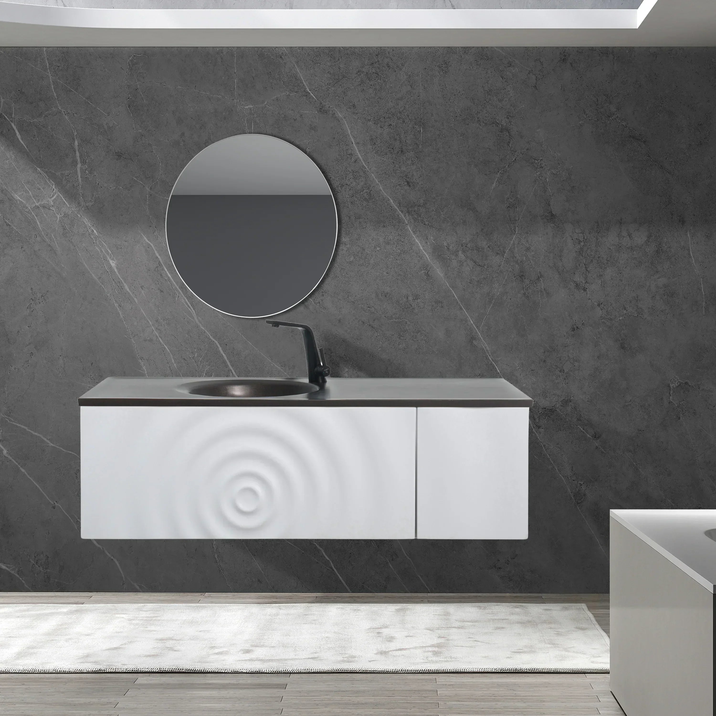 48" Matte White Wall Mount Bathroom Vanity with Black Engineered Quartz Countertop-Migration_Bathroom Vanities-DECOROLALA