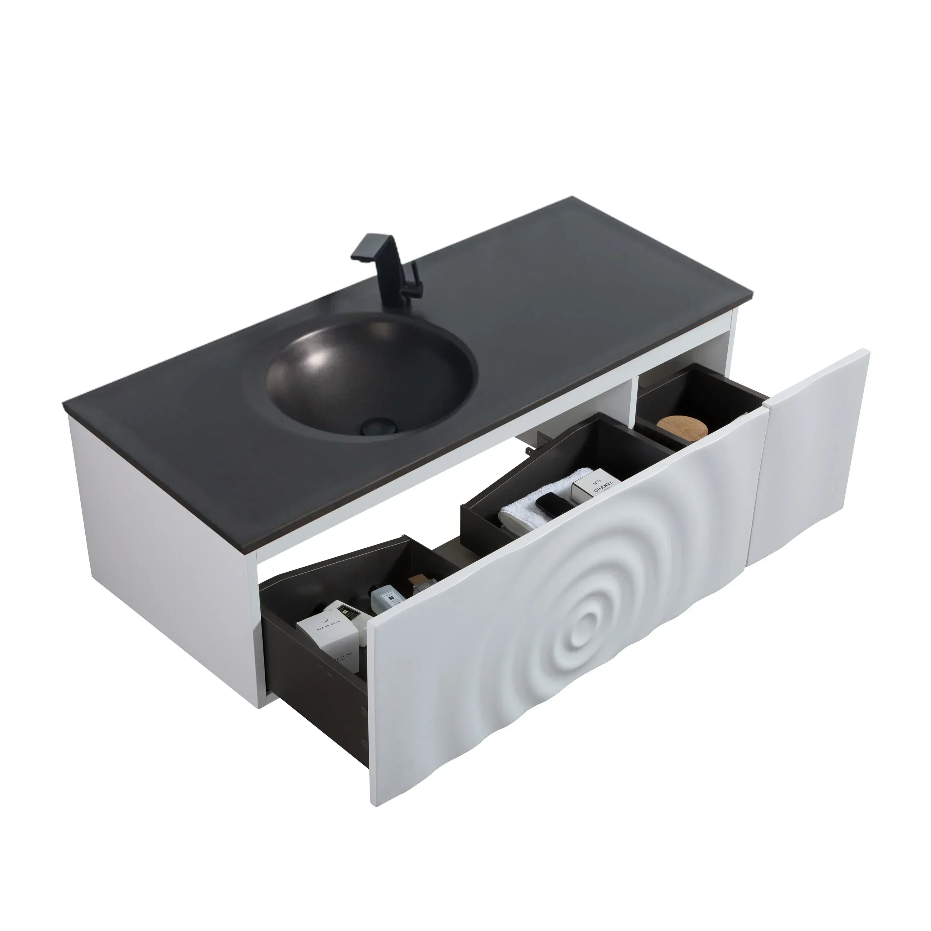 48" Matte White Wall Mount Bathroom Vanity with Black Engineered Quartz Countertop-Migration_Bathroom Vanities-DECOROLALA