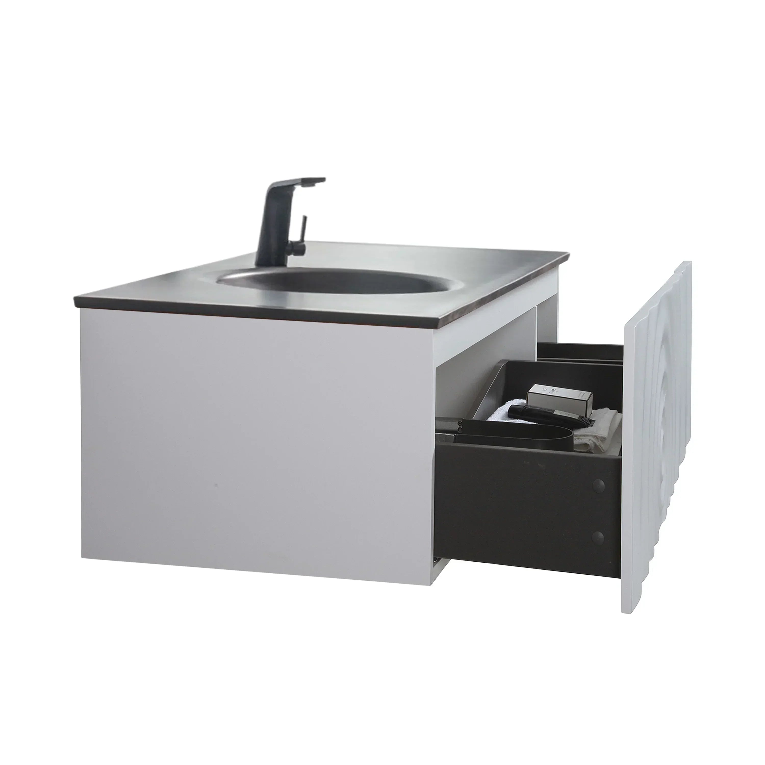 48" Matte White Wall Mount Bathroom Vanity with Black Engineered Quartz Countertop-Migration_Bathroom Vanities-DECOROLALA