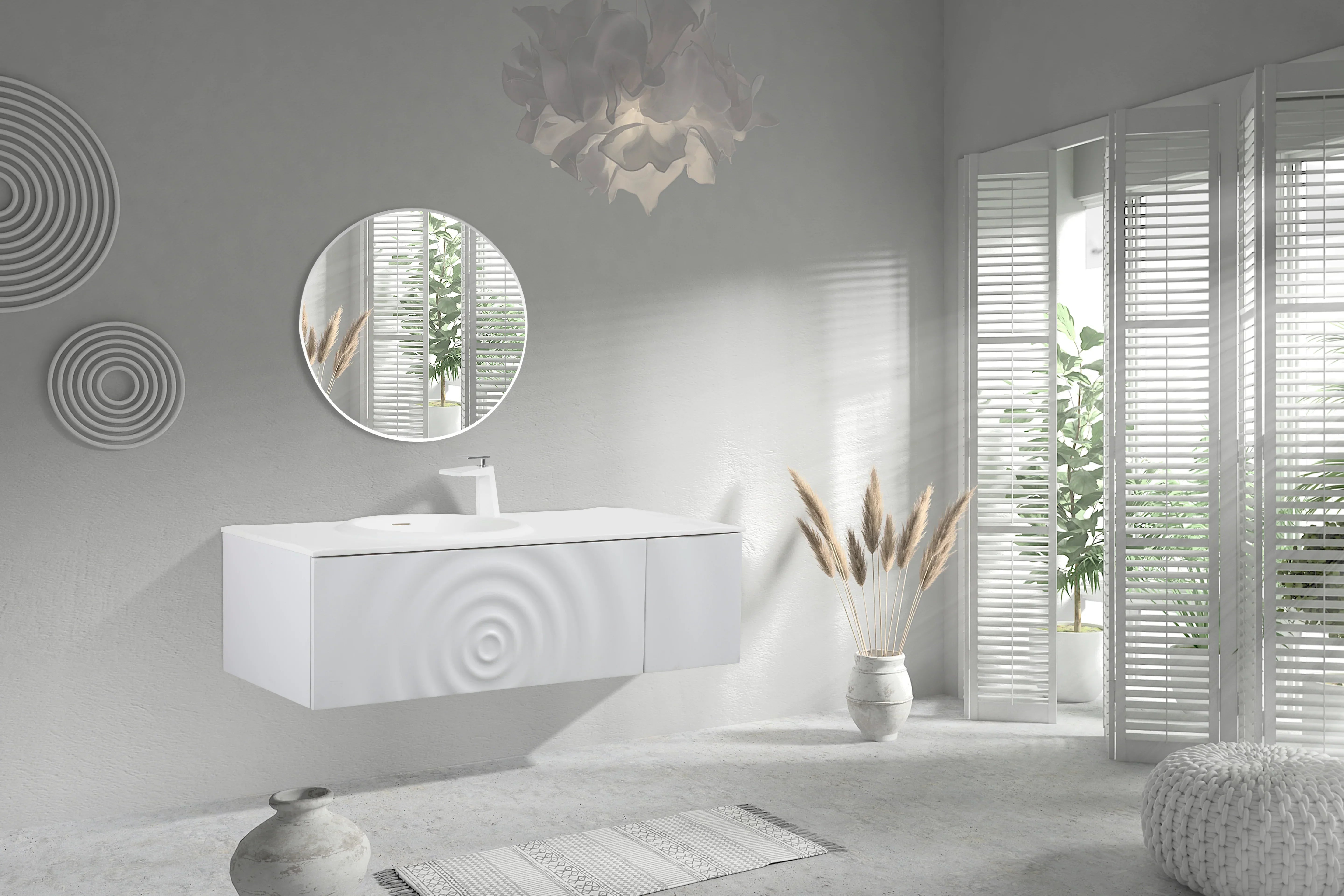 48" Matte White Wall Mount Bathroom Vanity with Matte White Solid Surface Countertop-Migration_Bathroom Vanities-DECOROLALA