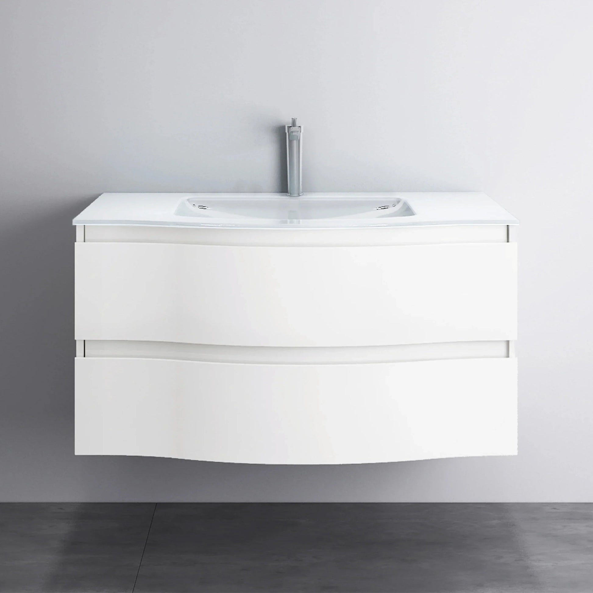 48" Matte White Wall Mount Single Sink Bathroom Vanity with White Glass Countertop-Migration_Bathroom Vanities-DECOROLALA