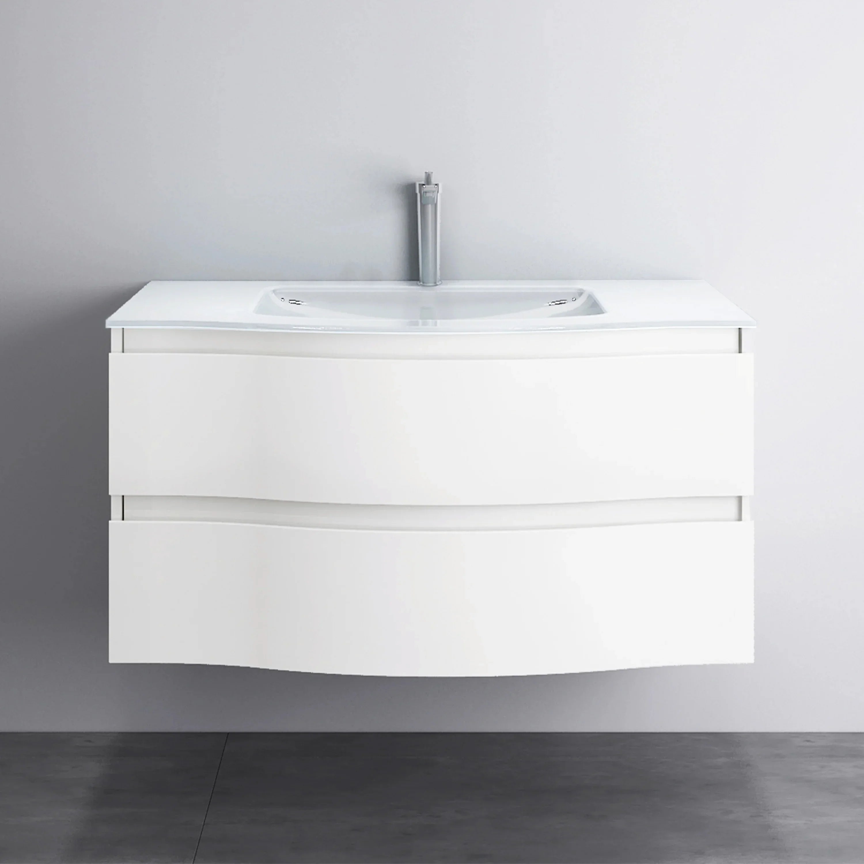 48" Matte White Wall Mount Single Sink Bathroom Vanity with White Glass Countertop-Migration_Bathroom Vanities-DECOROLALA