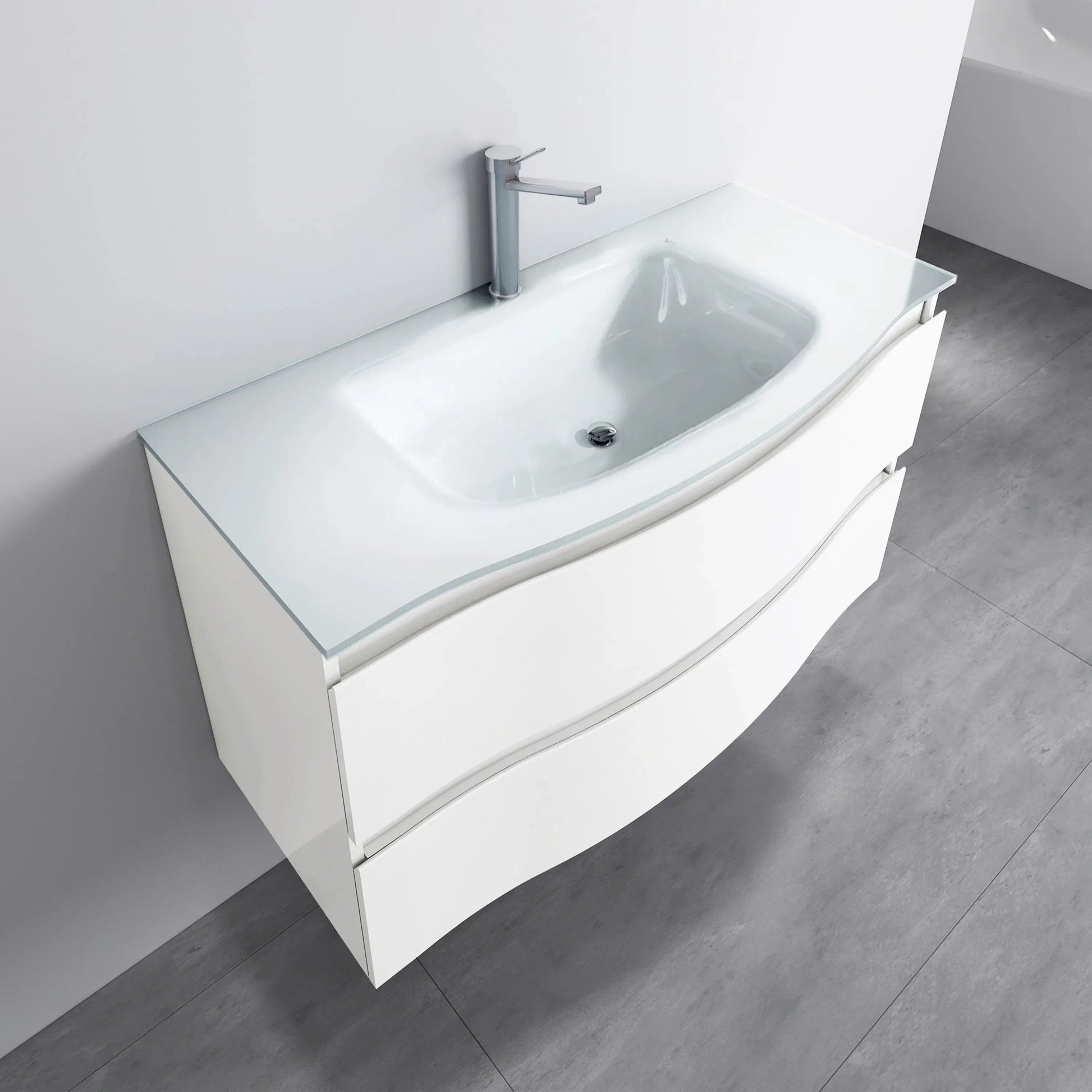 48" Matte White Wall Mount Single Sink Bathroom Vanity with White Glass Countertop-Migration_Bathroom Vanities-DECOROLALA