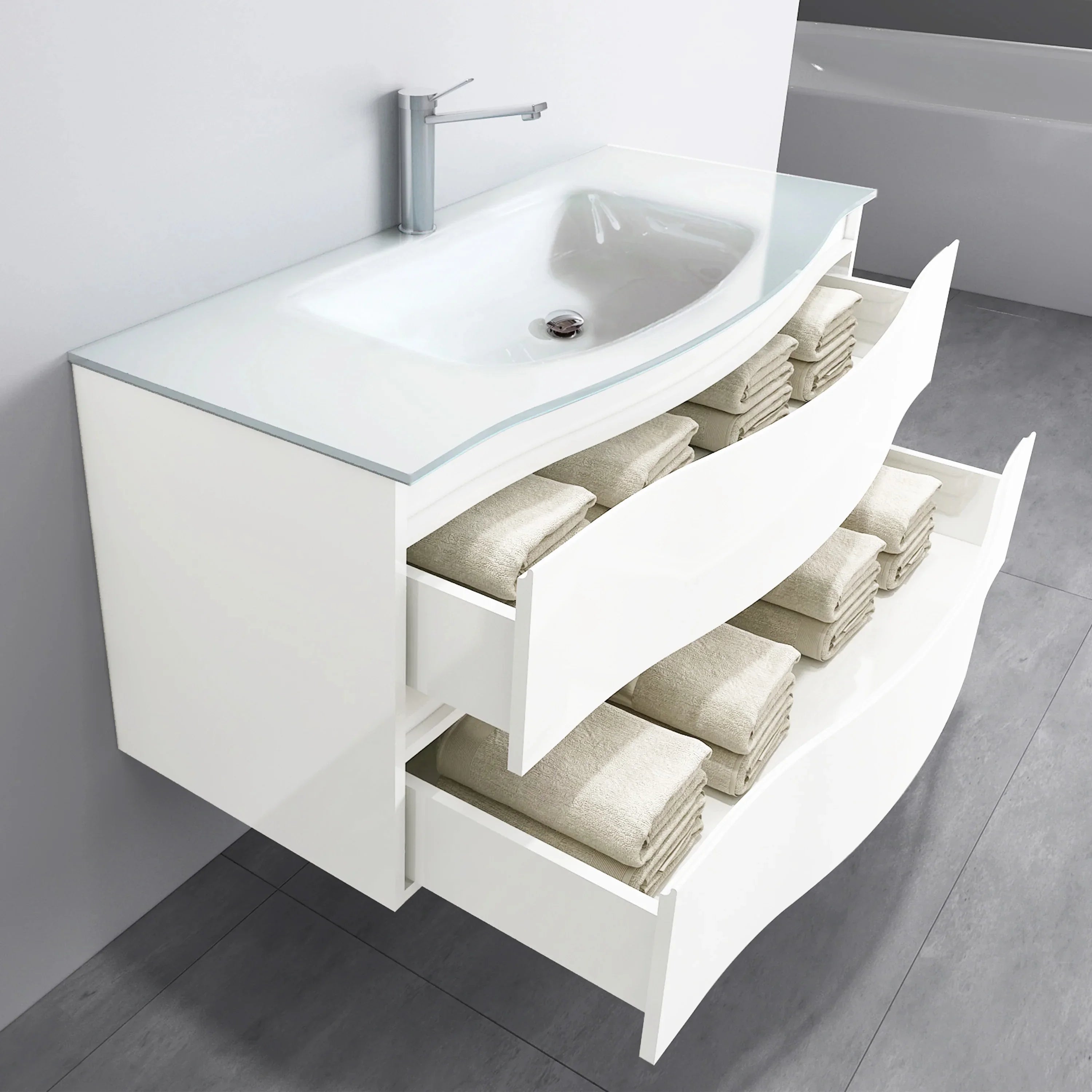 48" Matte White Wall Mount Single Sink Bathroom Vanity with White Glass Countertop-Migration_Bathroom Vanities-DECOROLALA