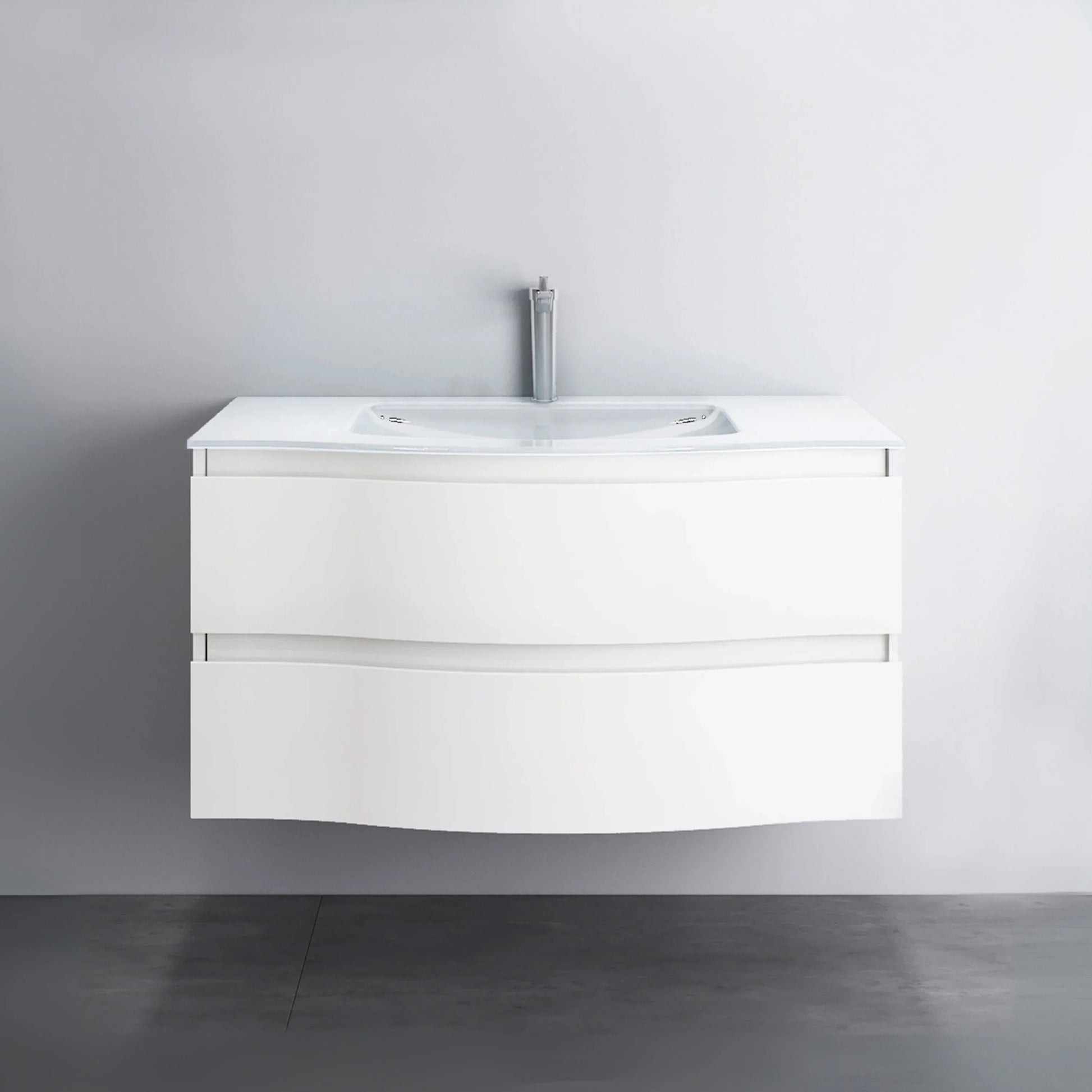 48" Matte White Wall Mount Single Sink Bathroom Vanity with White Glass Countertop-Migration_Bathroom Vanities-DECOROLALA