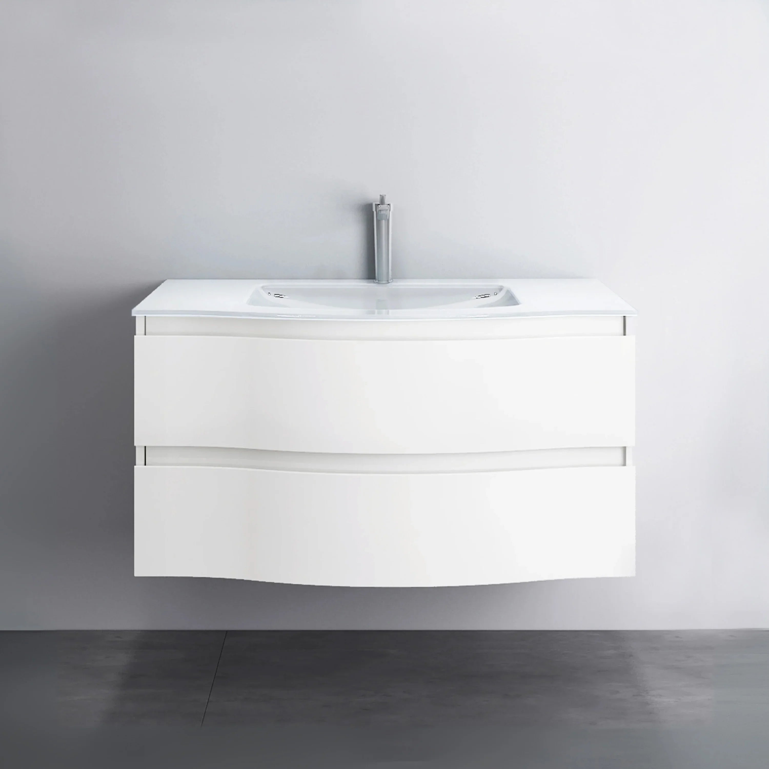 48" Matte White Wall Mount Single Sink Bathroom Vanity with White Glass Countertop-Migration_Bathroom Vanities-DECOROLALA
