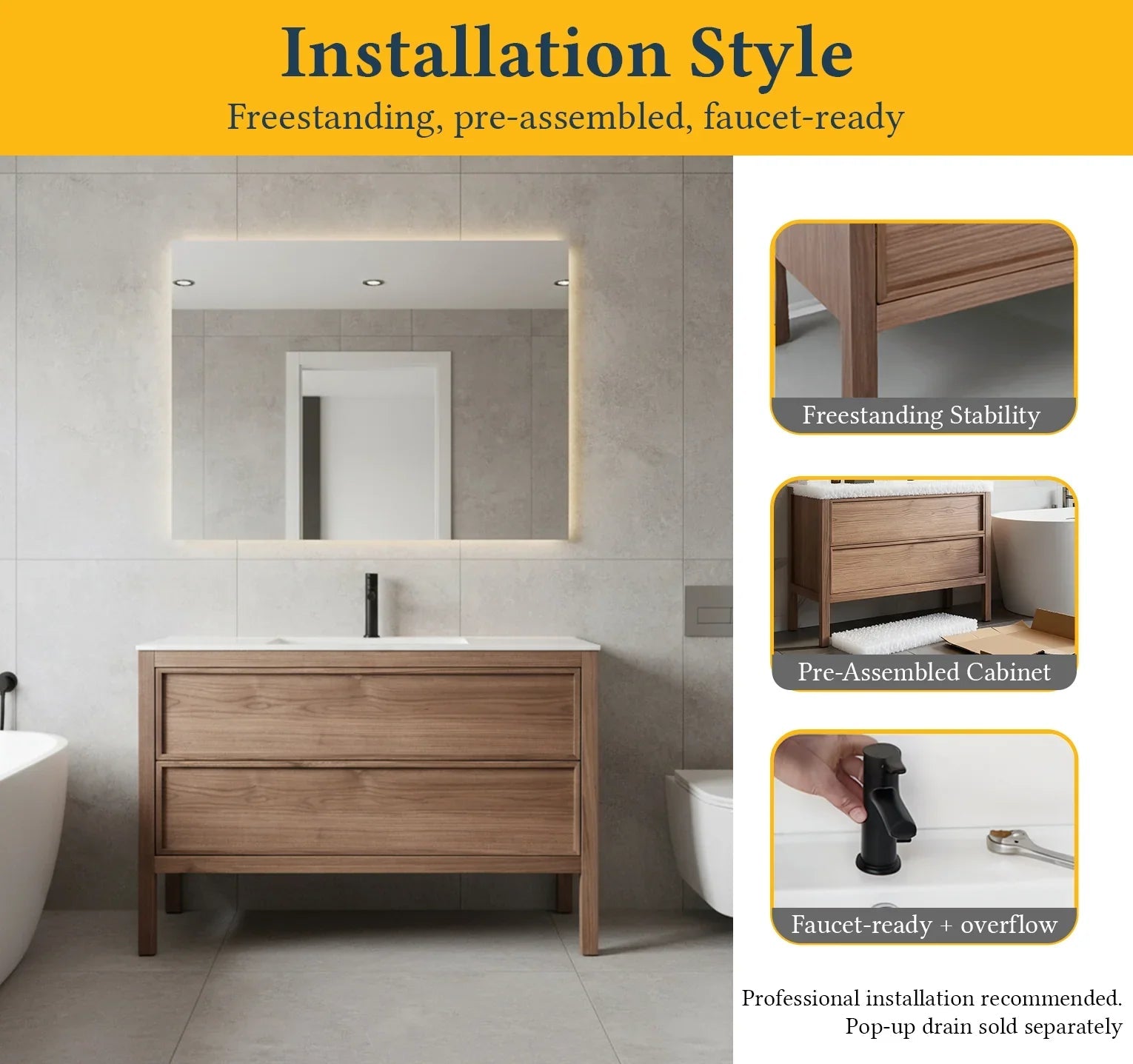 48" Natural Walnut Freestanding Single Sink Bathroom Vanity with White Solid Surface Countertop-Migration_Bathroom Vanities-DECOROLALA