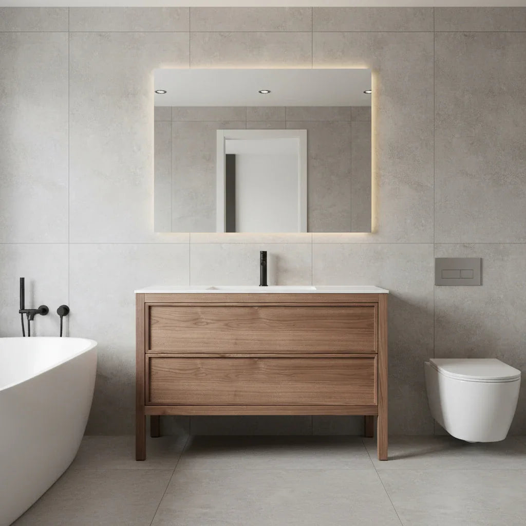 48" Natural Walnut Freestanding Single Sink Bathroom Vanity with White Solid Surface Countertop-Migration_Bathroom Vanities-DECOROLALA