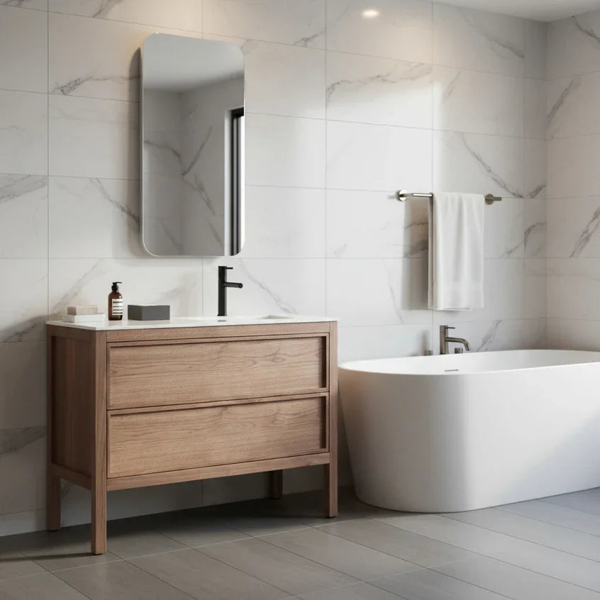 48" Natural Walnut Freestanding Single Sink Bathroom Vanity with White Solid Surface Countertop-Migration_Bathroom Vanities-DECOROLALA