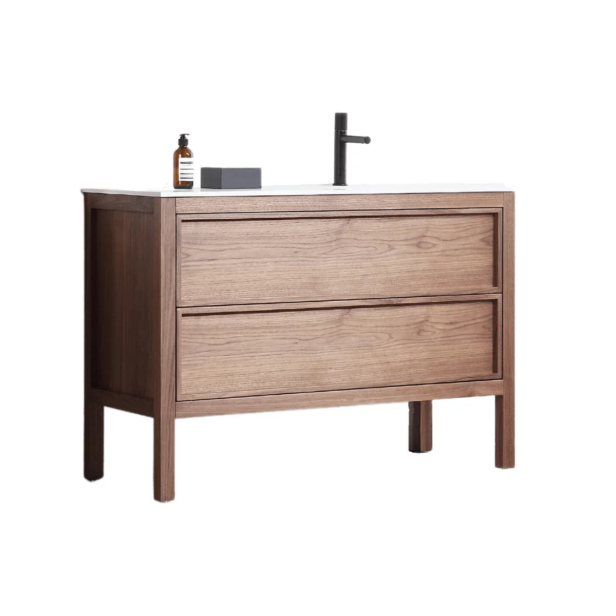 48" Natural Walnut Freestanding Single Sink Bathroom Vanity with White Solid Surface Countertop-Migration_Bathroom Vanities-DECOROLALA
