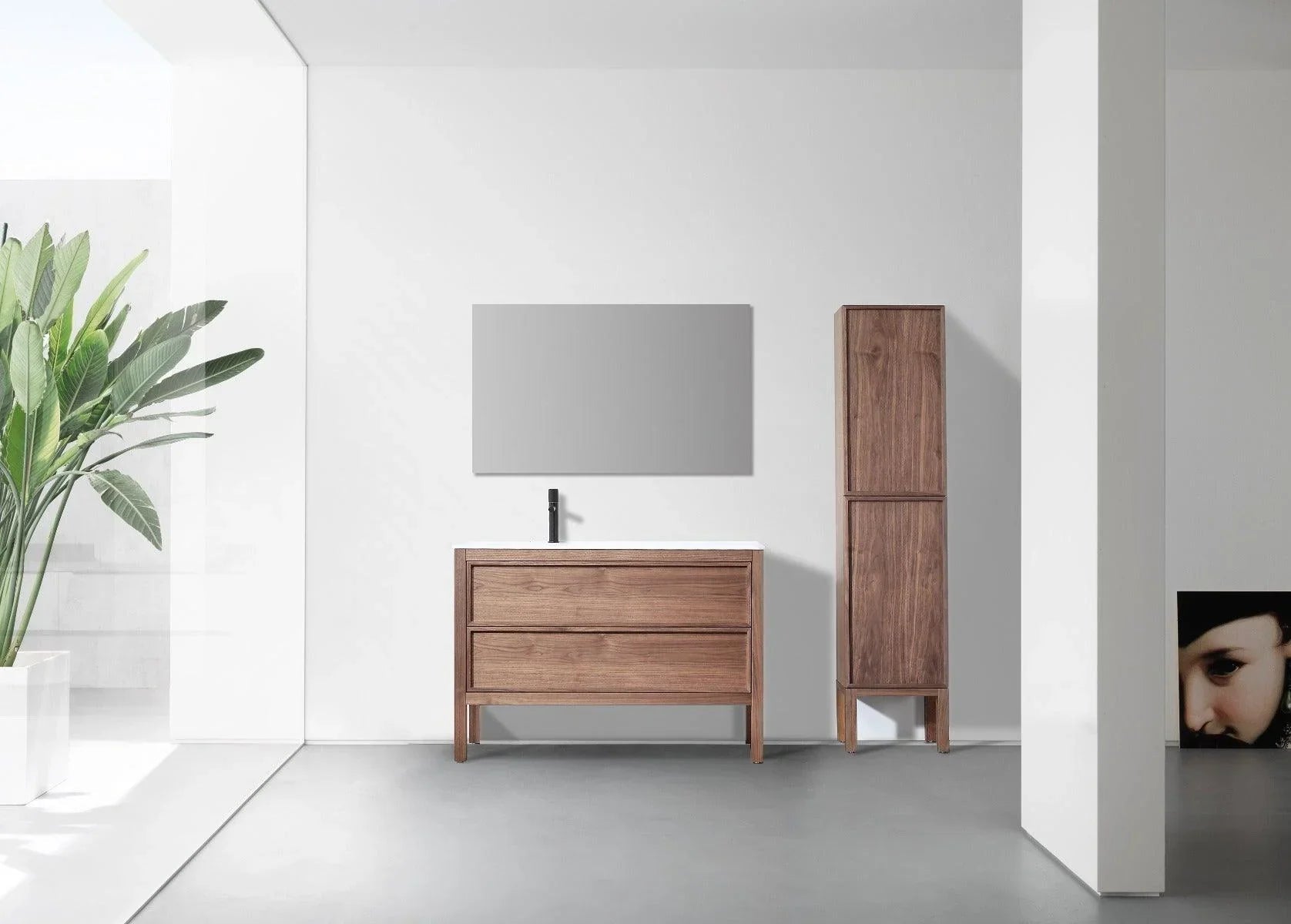 48" Natural Walnut Freestanding Single Sink Bathroom Vanity with White Solid Surface Countertop-Migration_Bathroom Vanities-DECOROLALA