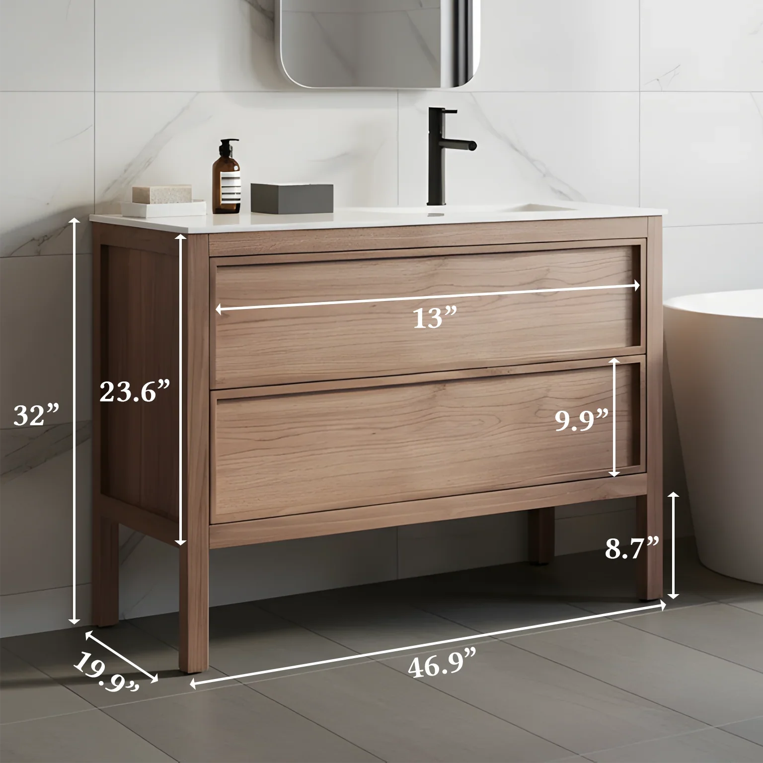 48" Natural Walnut Freestanding Single Sink Bathroom Vanity with White Solid Surface Countertop-Migration_Bathroom Vanities-DECOROLALA