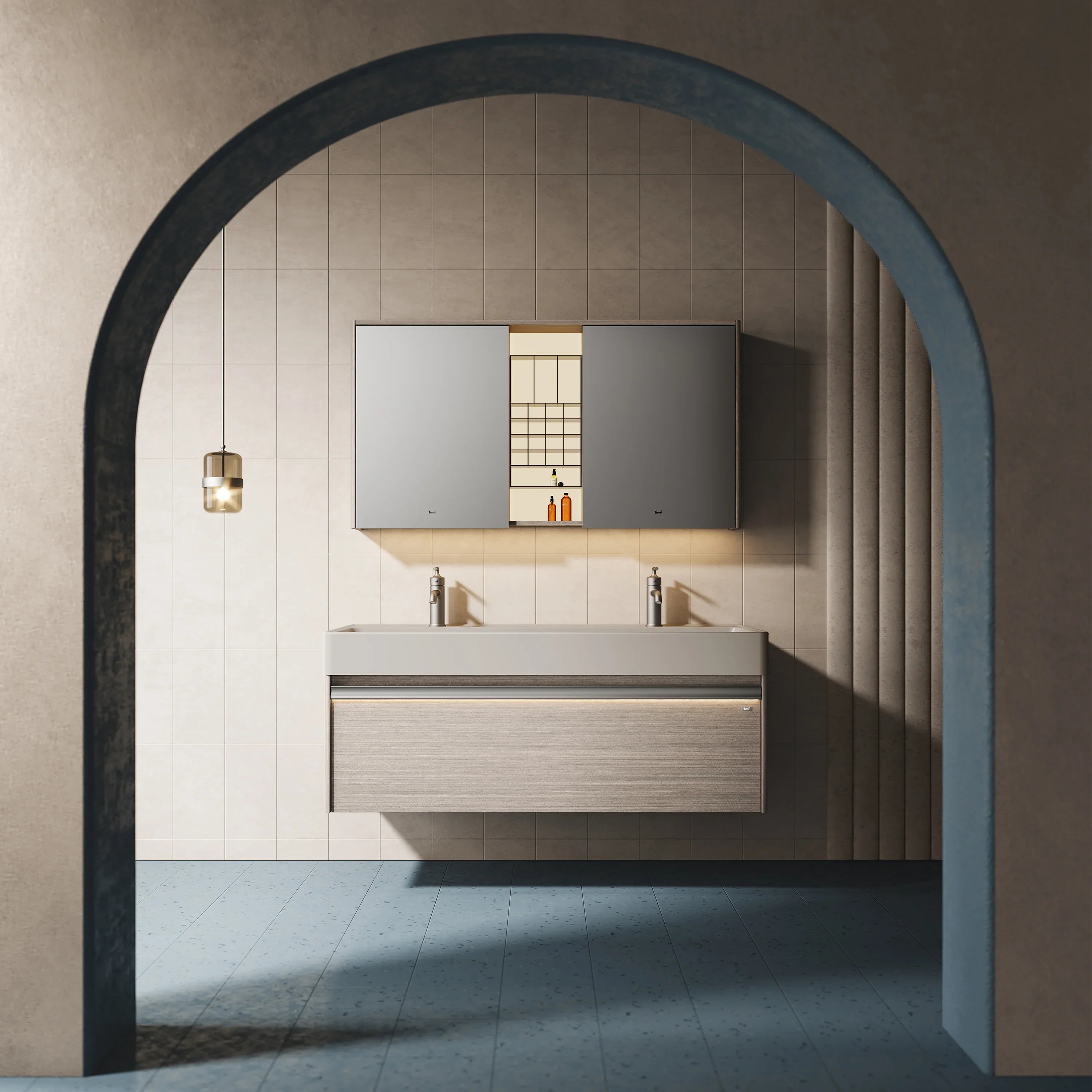 48" North Norse Wall Mount Double Sink Vanity with Sea Salt Grey Nano Solid Surface Integrated Countertop-Migration_Bathroom Vanities-DECOROLALA