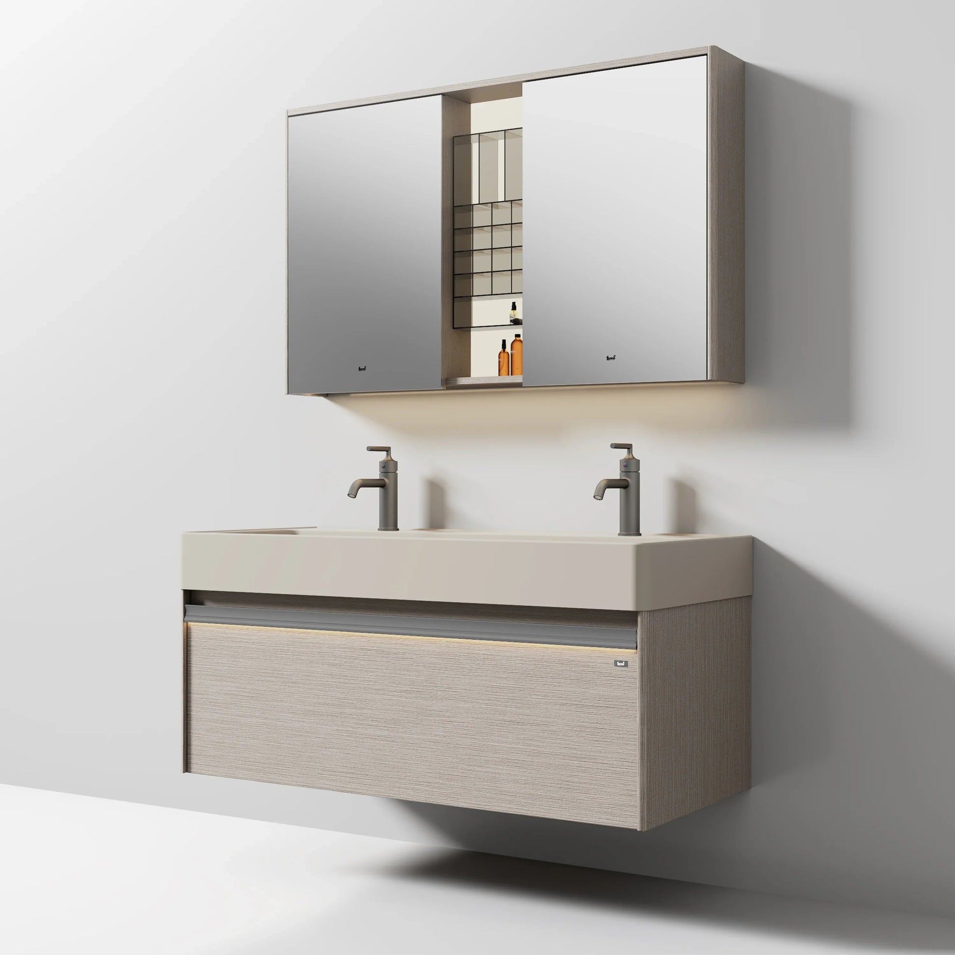 48" North Norse Wall Mount Double Sink Vanity with Sea Salt Grey Nano Solid Surface Integrated Countertop-Migration_Bathroom Vanities-DECOROLALA