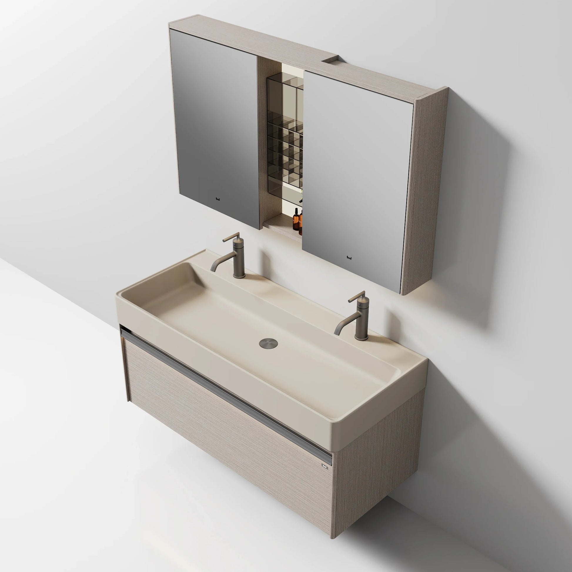 48" North Norse Wall Mount Double Sink Vanity with Sea Salt Grey Nano Solid Surface Integrated Countertop-Migration_Bathroom Vanities-DECOROLALA