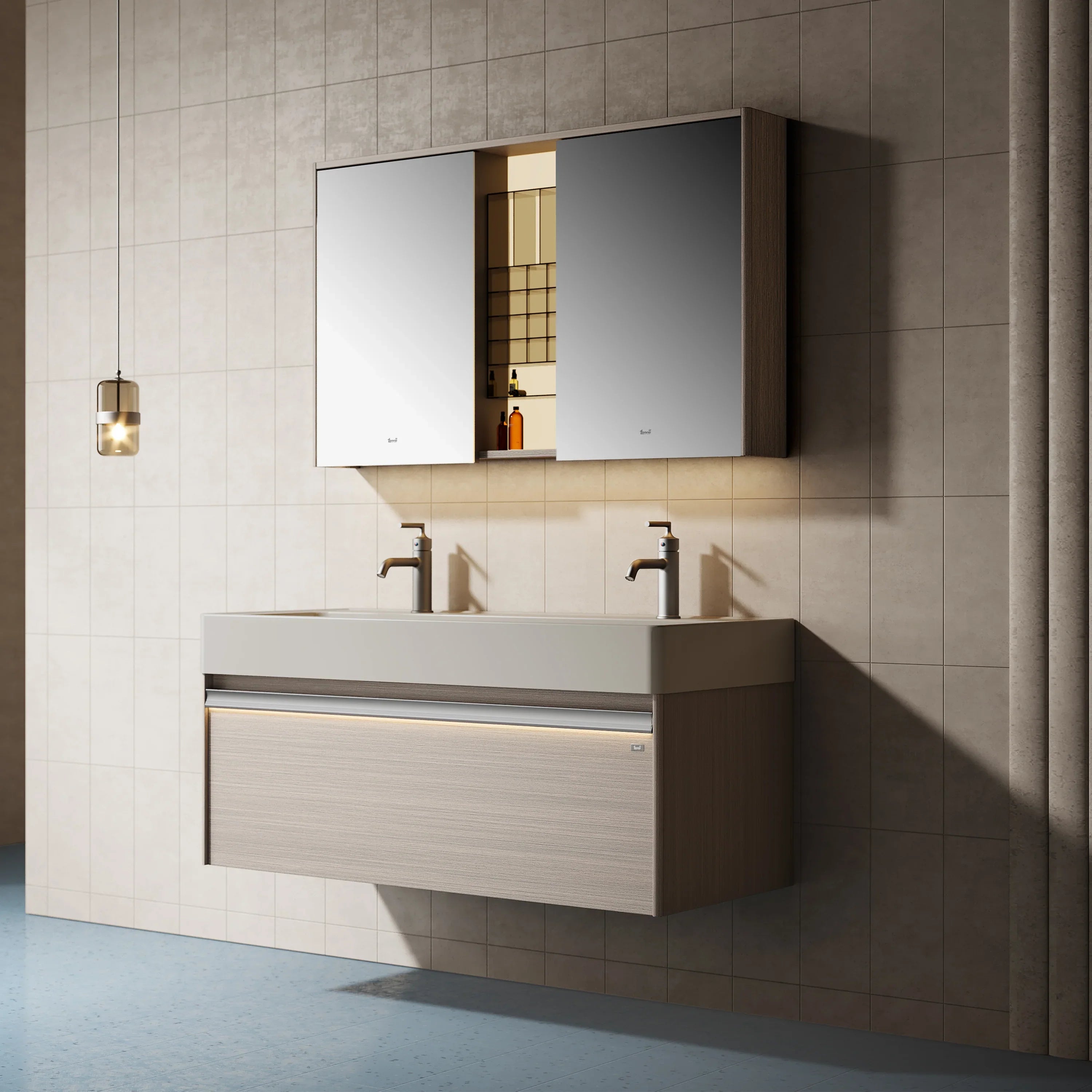 48" North Norse Wall Mount Double Sink Vanity with Sea Salt Grey Nano Solid Surface Integrated Countertop-Migration_Bathroom Vanities-DECOROLALA