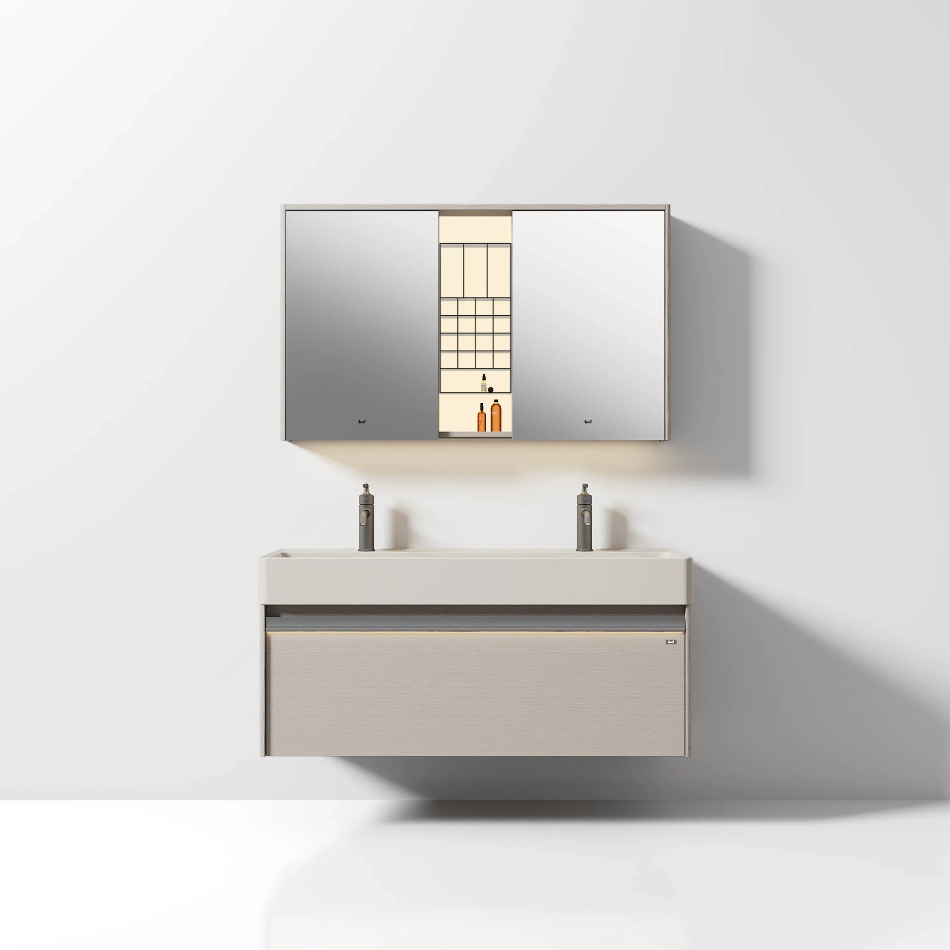 48" North Norse Wall Mount Double Sink Vanity with Sea Salt Grey Nano Solid Surface Integrated Countertop-Migration_Bathroom Vanities-DECOROLALA