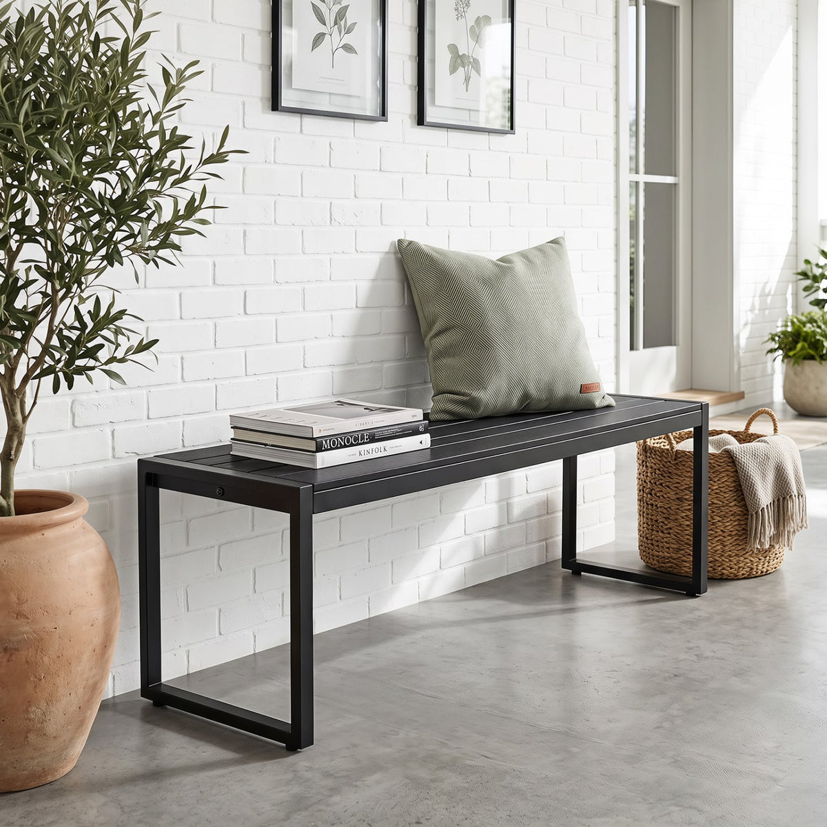 48" Outdoor Bench with Wood-Plastic Composite and Metal Frame Slatted Sea for Garden-Black-Outdoor Benches-DECOROLALA