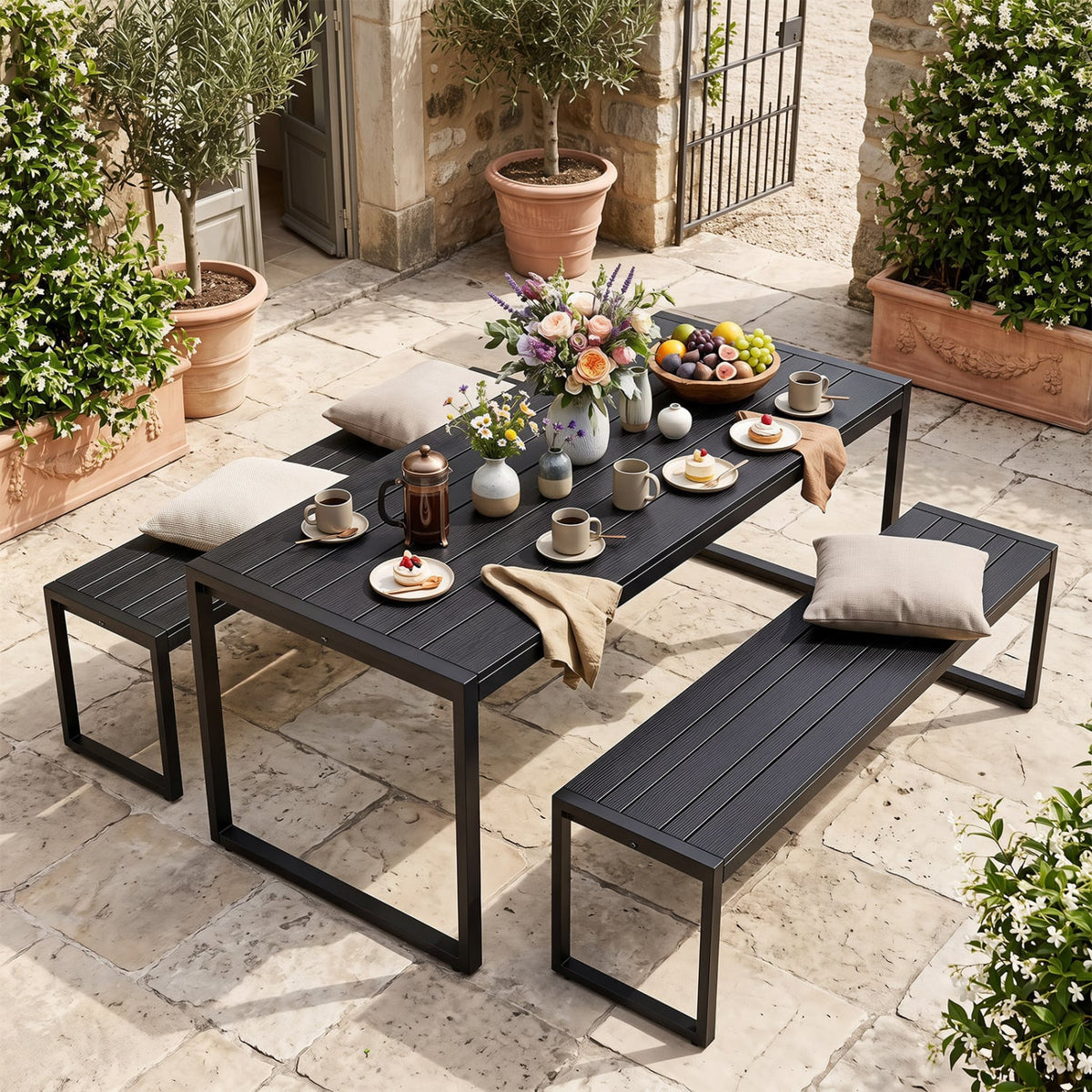 48" Outdoor Bench with Wood-Plastic Composite and Metal Frame Slatted Sea for Garden-Black-Outdoor Benches-DECOROLALA
