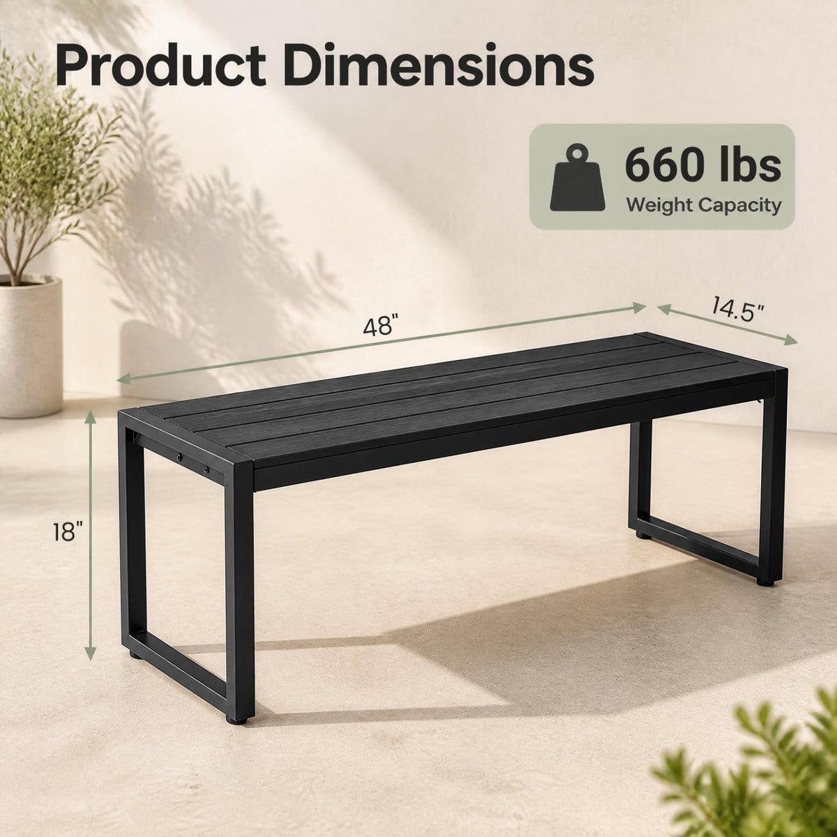 48" Outdoor Bench with Wood-Plastic Composite and Metal Frame Slatted Sea for Garden-Black-Outdoor Benches-DECOROLALA