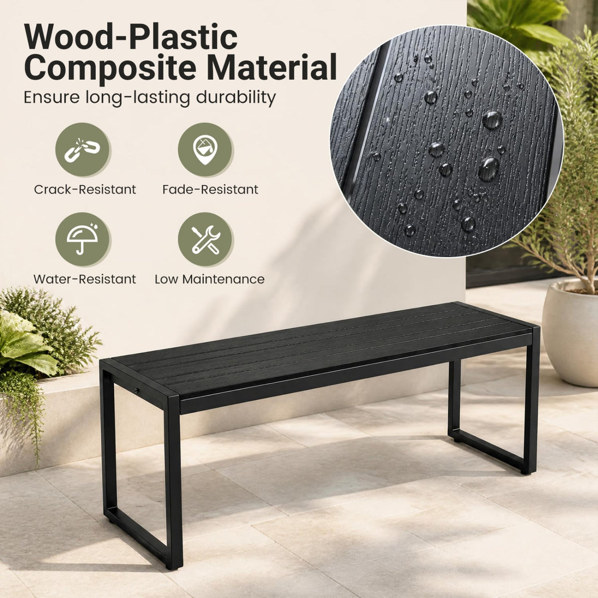 48" Outdoor Bench with Wood-Plastic Composite and Metal Frame Slatted Sea for Garden-Black-Outdoor Benches-DECOROLALA