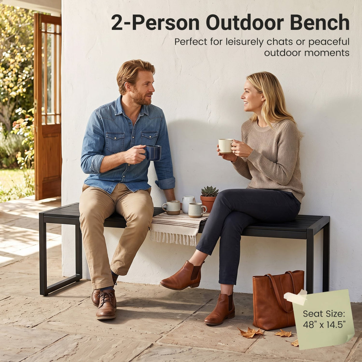 48" Outdoor Bench with Wood-Plastic Composite and Metal Frame Slatted Sea for Garden-Black-Outdoor Benches-DECOROLALA